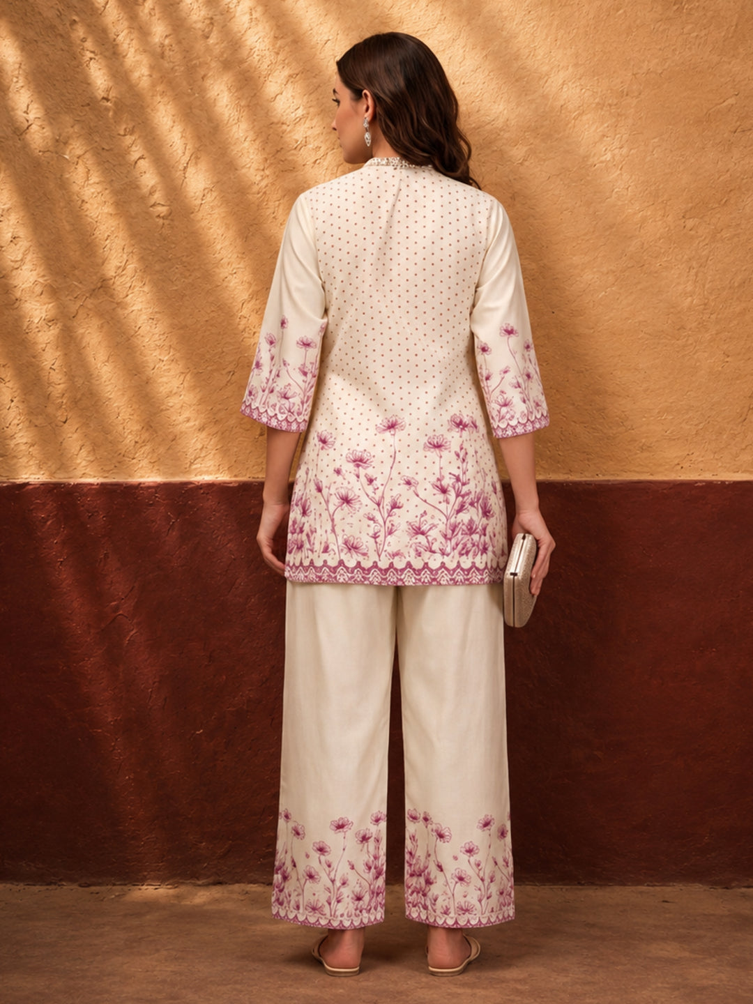 Women's Off White & Pink Floral Digital Printed Co-Ord Set | Soft Cotton Kurta & Palazzo