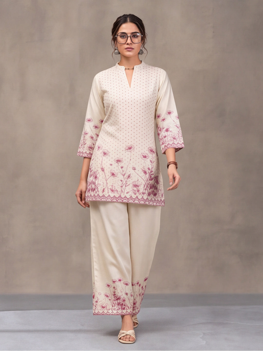 Women's Off White & Pink Floral Digital Printed Co-Ord Set | Soft Cotton Kurta & Palazzo
