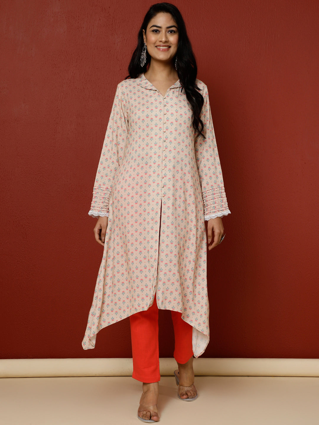 Beige Ethnic Motif Printed A-line Kurta