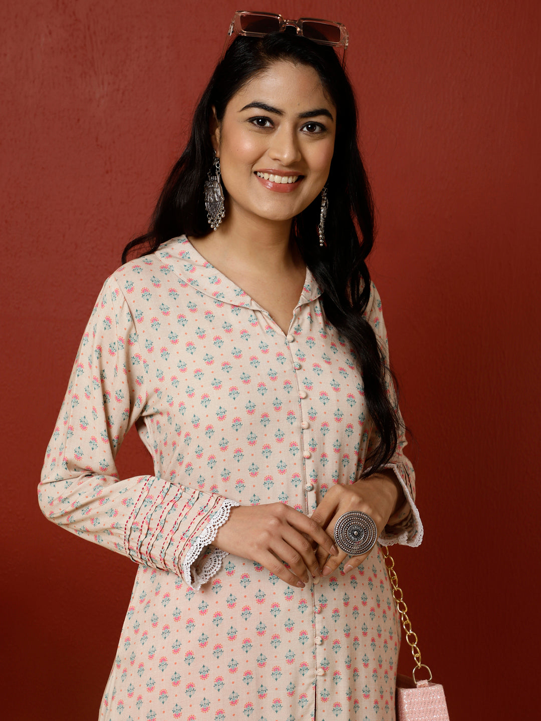 Beige Ethnic Motif Printed A-line Kurta
