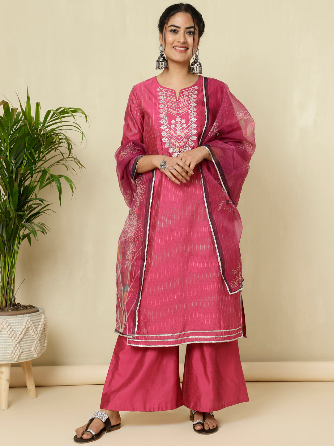 Pink Chanderi Kantha Embroidered Kurta With Palazzo And Dupatta
