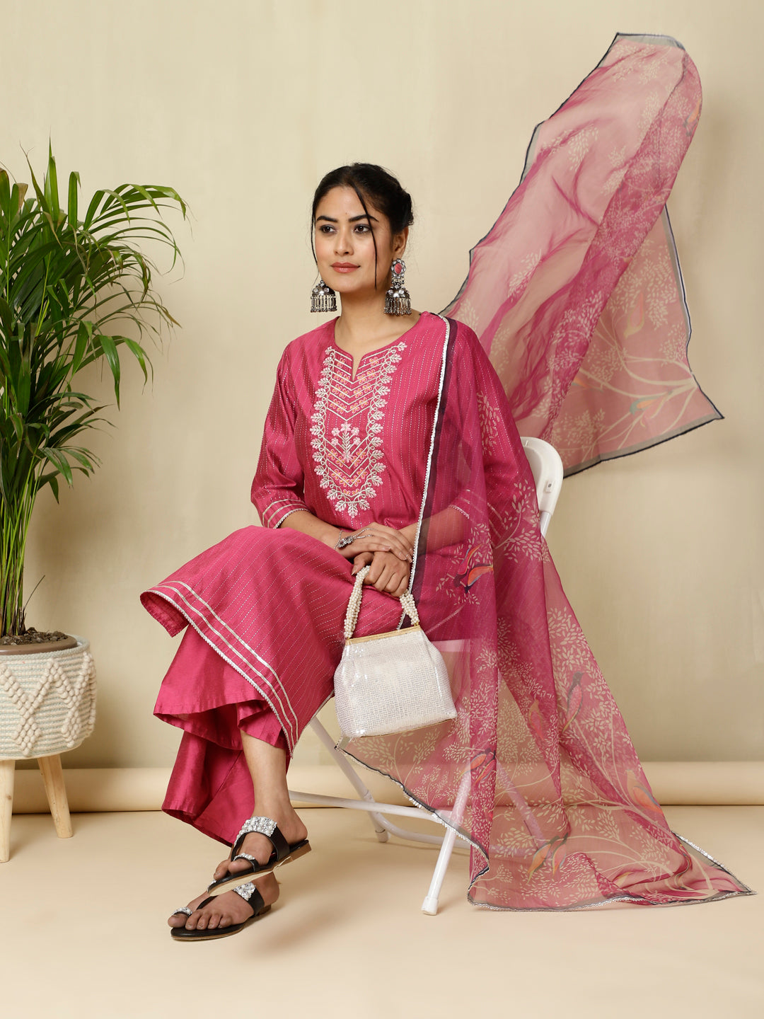 Pink Chanderi Kantha Embroidered Kurta With Palazzo And Dupatta