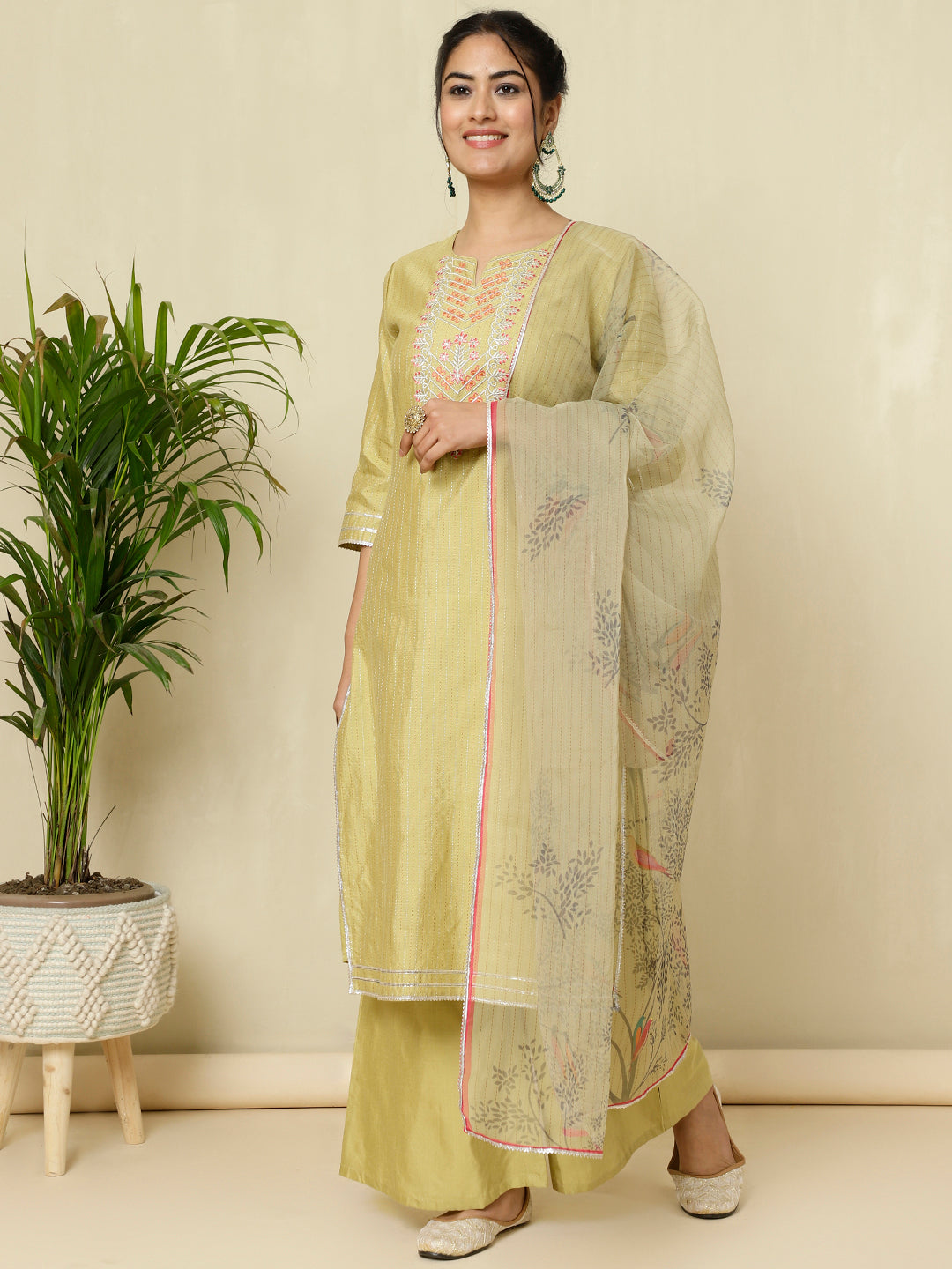 Green Chanderi Kantha Embroidered Kurta With Palazzo And Dupatta