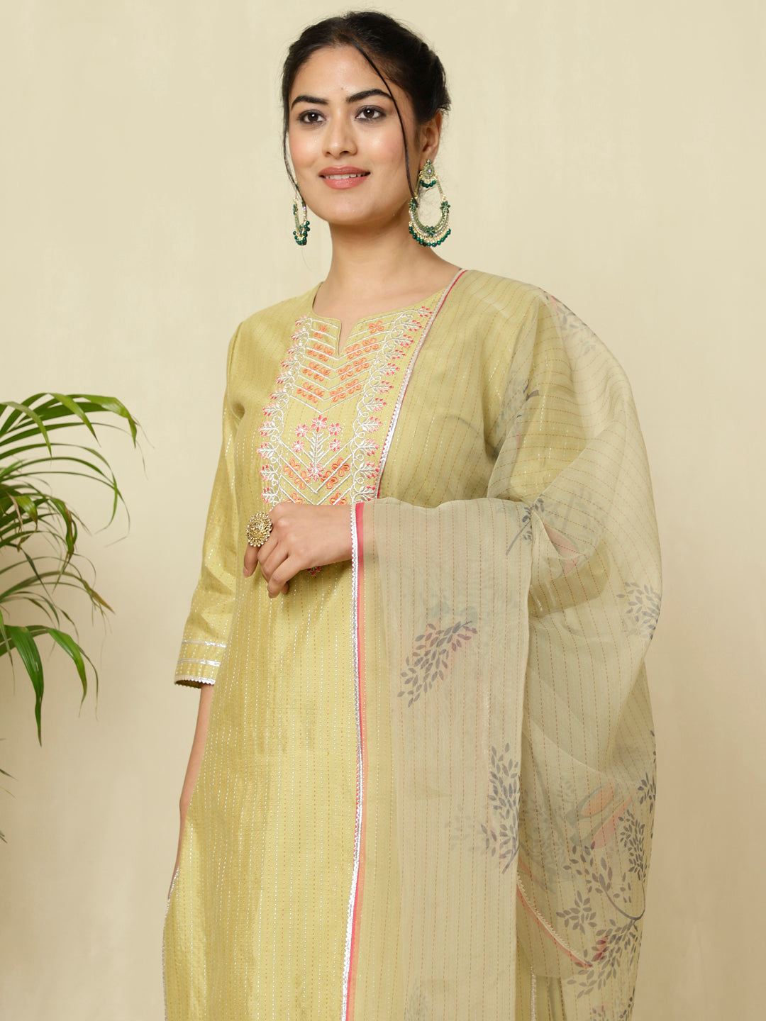 Green Chanderi Kantha Embroidered Kurta With Palazzo And Dupatta