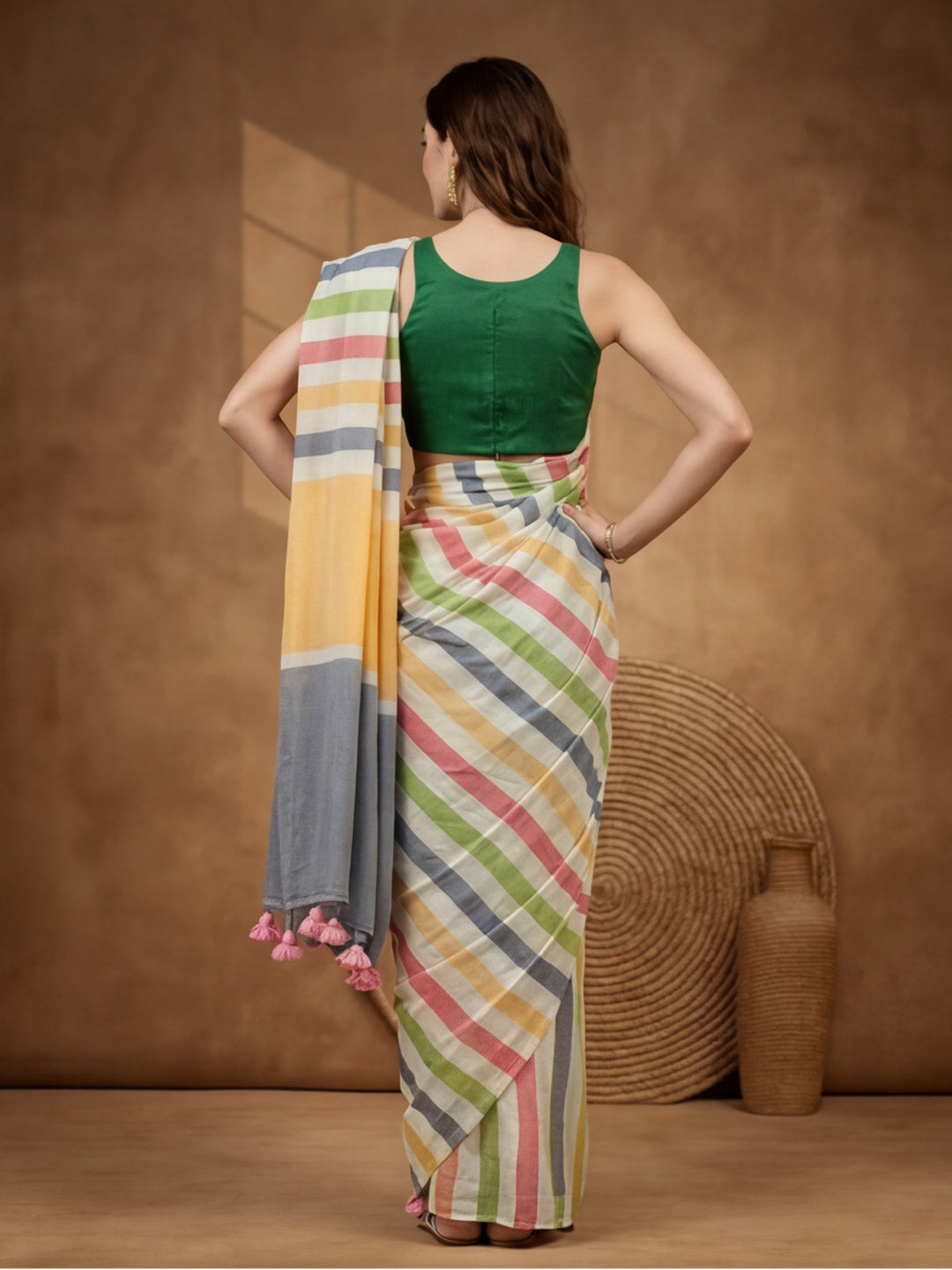 Striped Pure Linen Saree with Unstiched Blouse