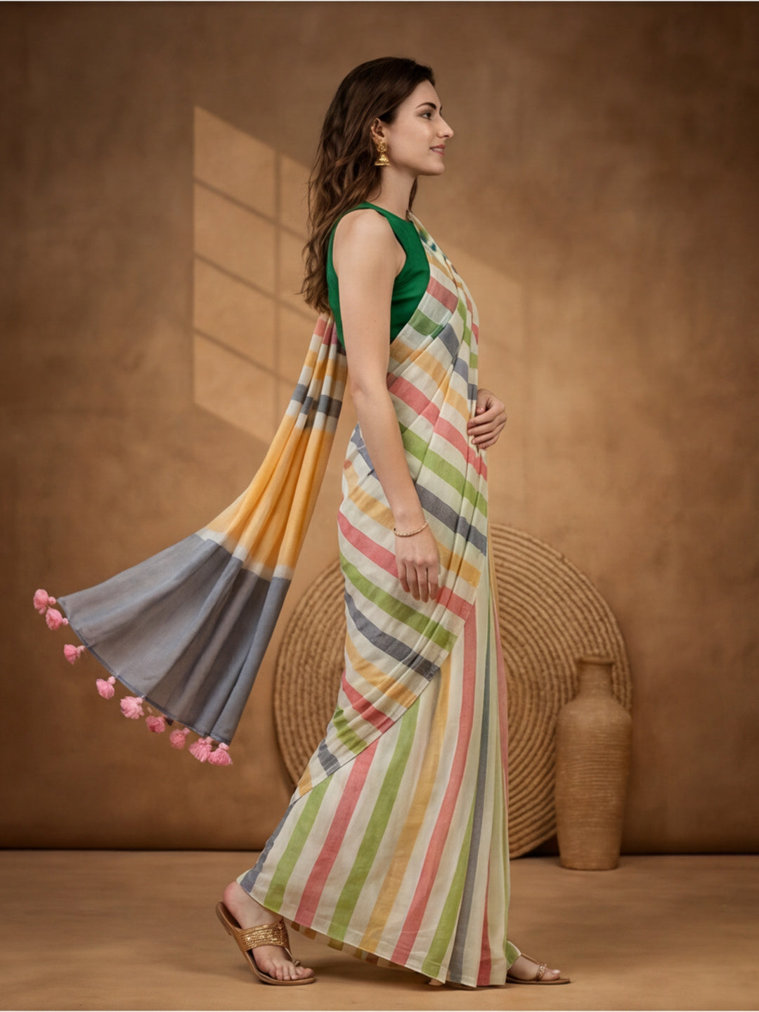 Striped Pure Linen Saree with Unstiched Blouse