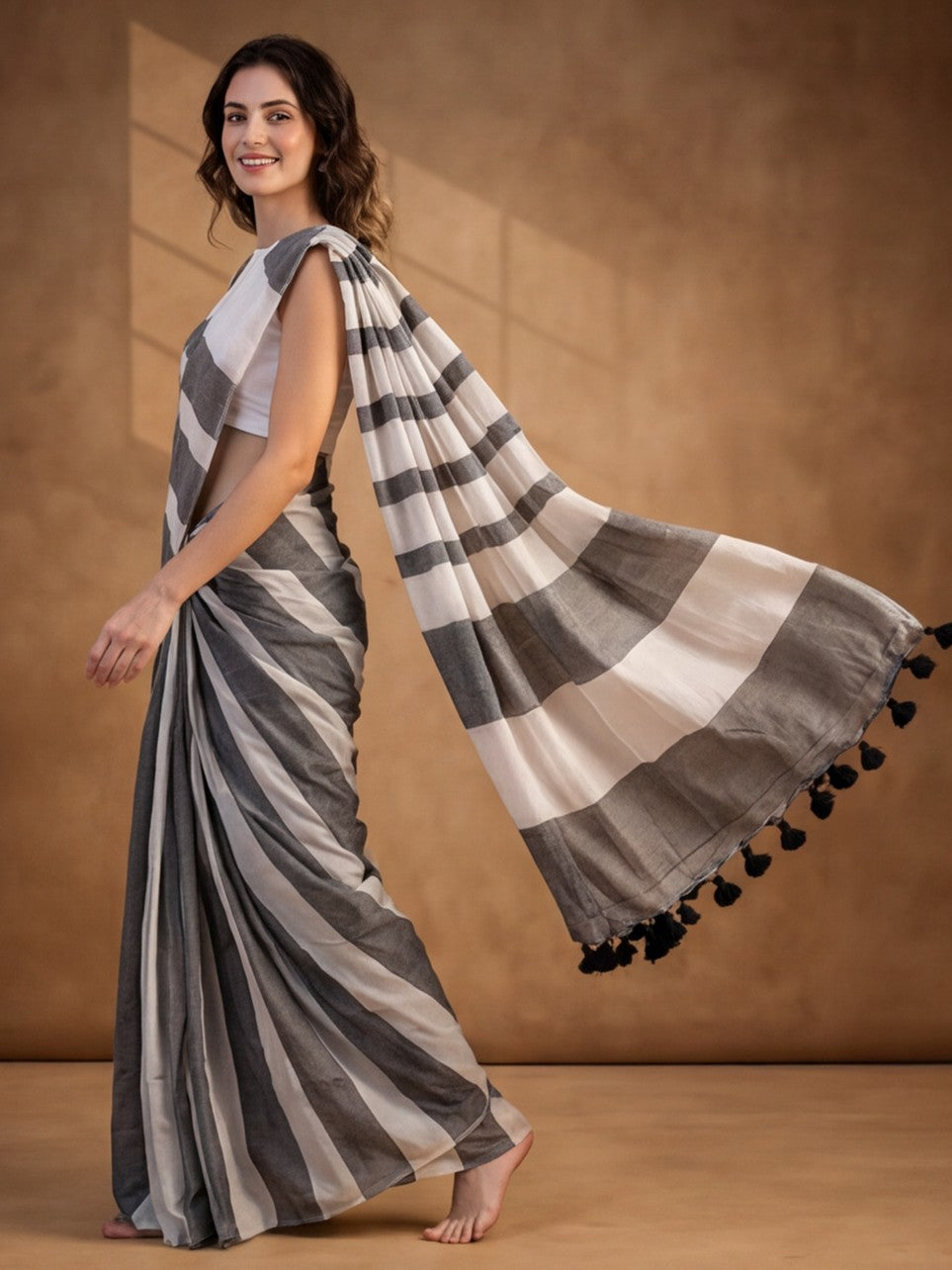 Striped Pure Linen Saree with Unstiched Blouse