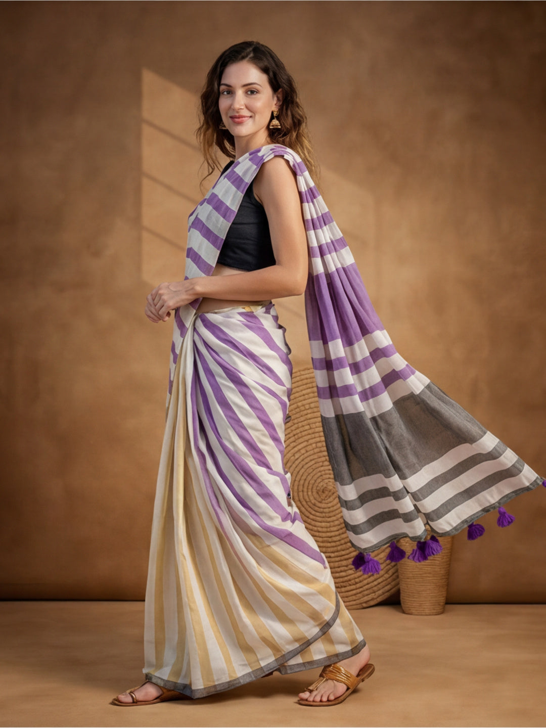 Striped Pure Linen Saree with Unstiched Blouse