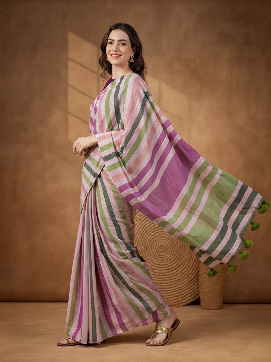 Striped Pure Linen Saree with Unstiched Blouse