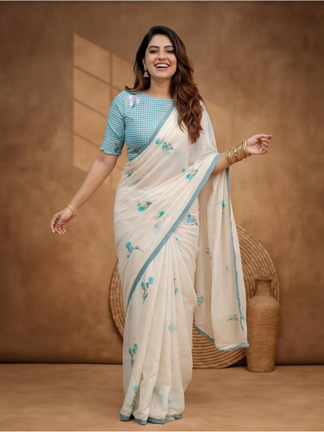 Floral Linen Blend Saree with Unstiched Blouse