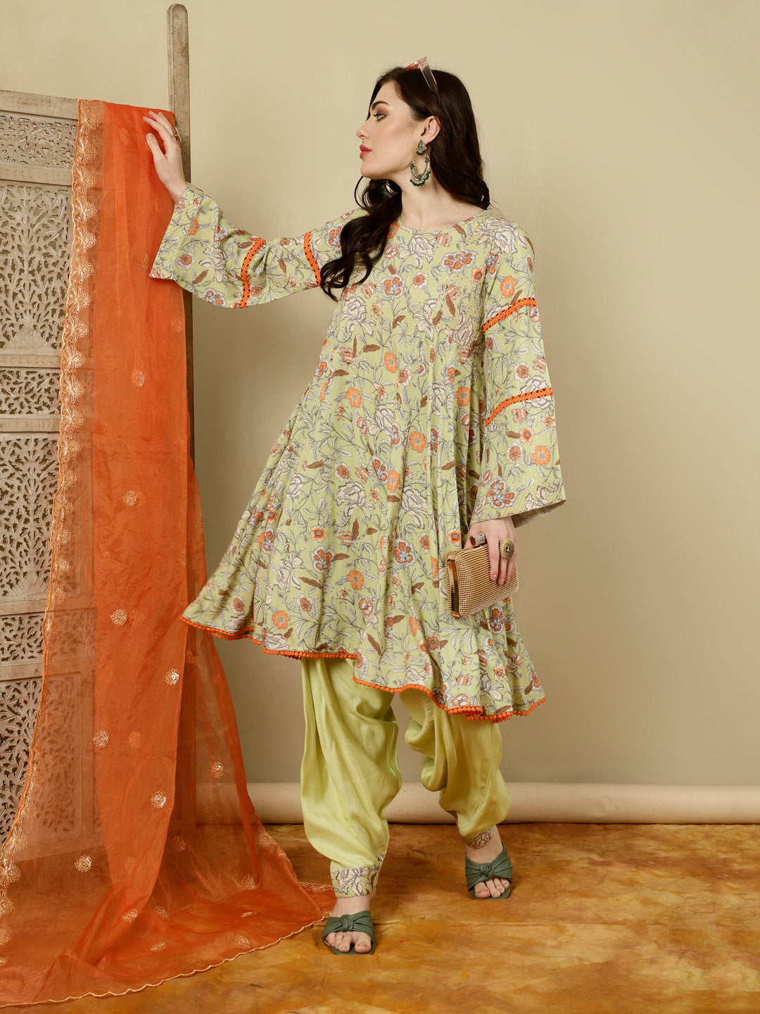 Green Floral Printed Pakistani Kurta With Salwar And Dupatta