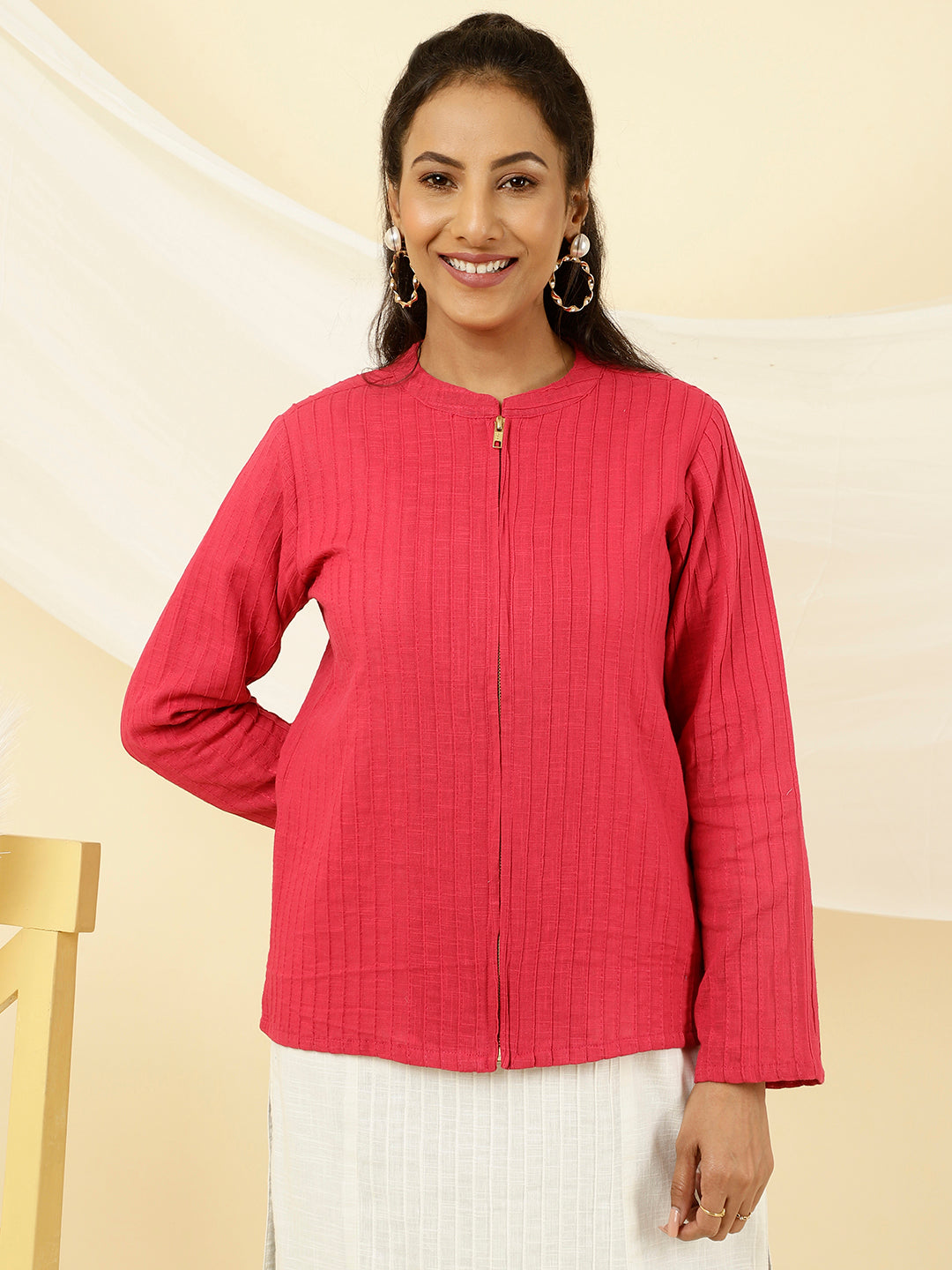 Fuchsia Pintuck Cotton Jacket Style Shirt