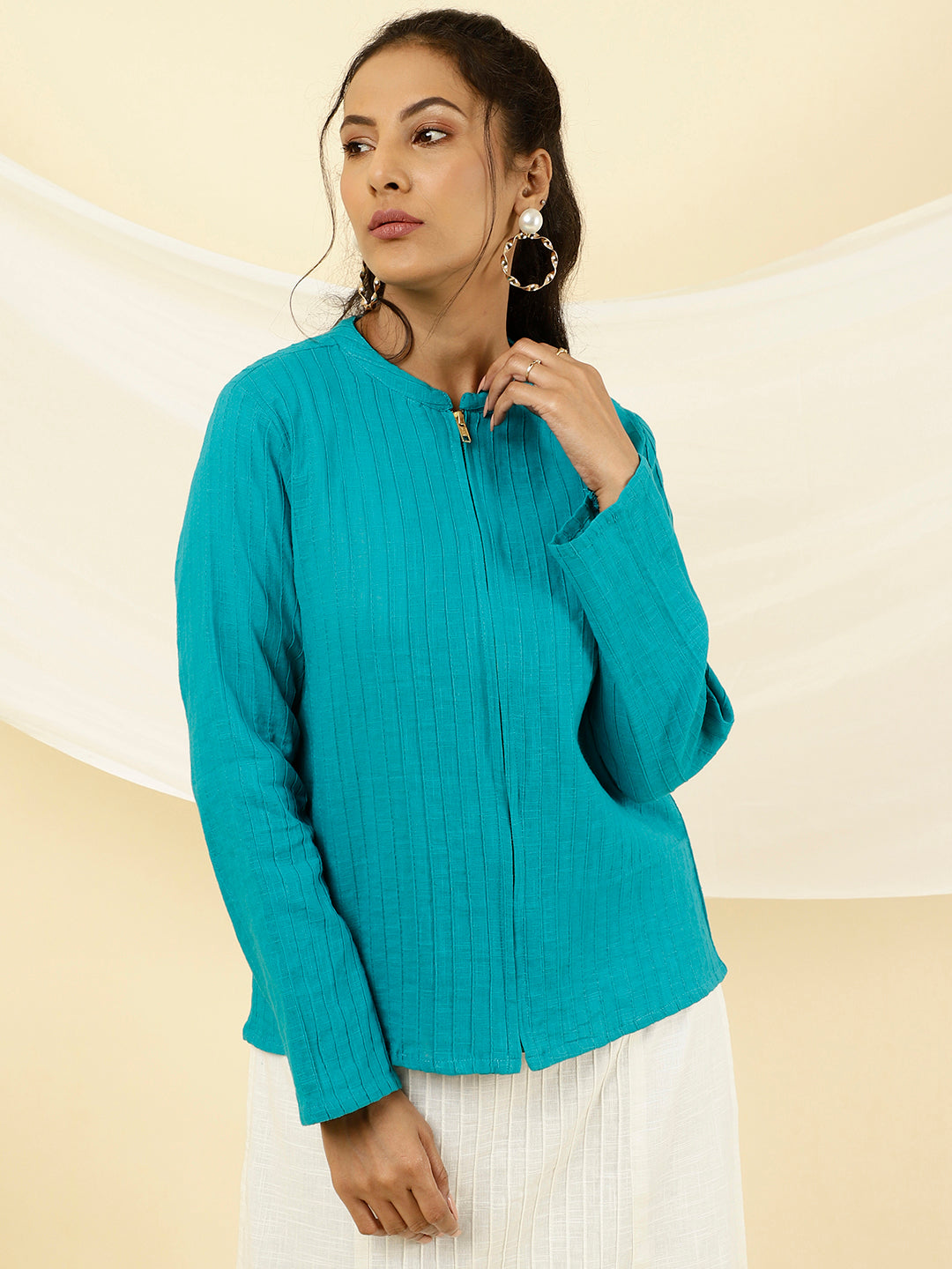 Turquoise Blue Pintuck Cotton Jacket Style Shirt