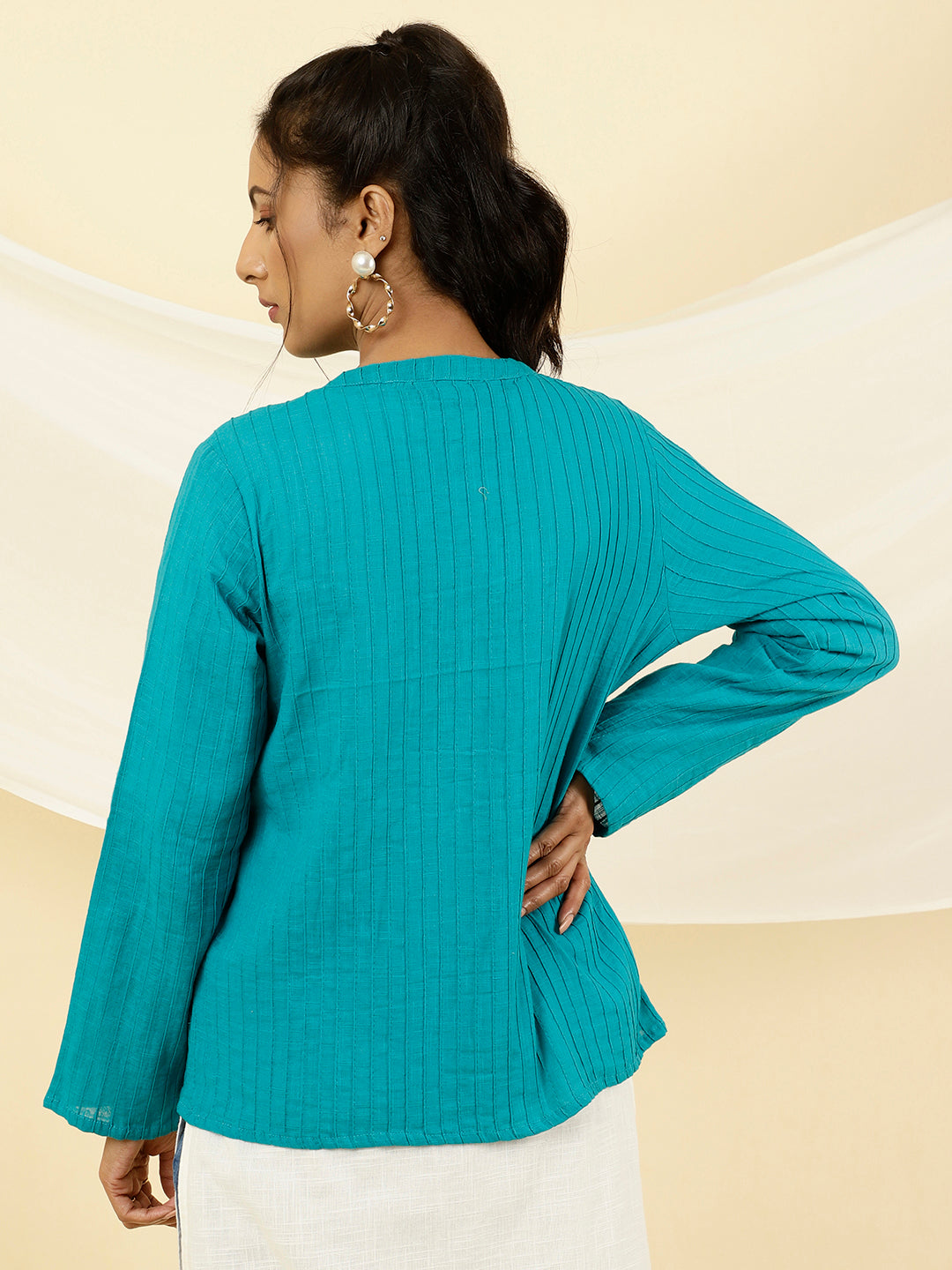 Turquoise Blue Pintuck Cotton Jacket Style Shirt