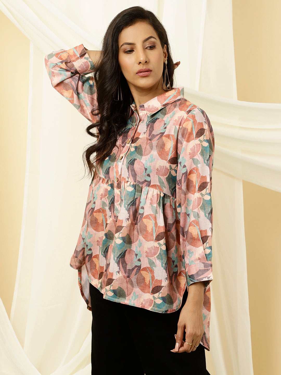 Rose Abstract High-Low Gathered Shirt