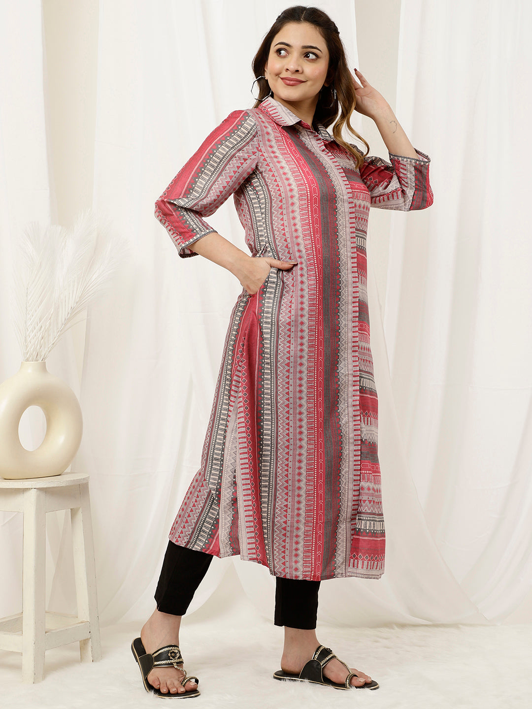 Pink Geometric Printed A-line Kurta