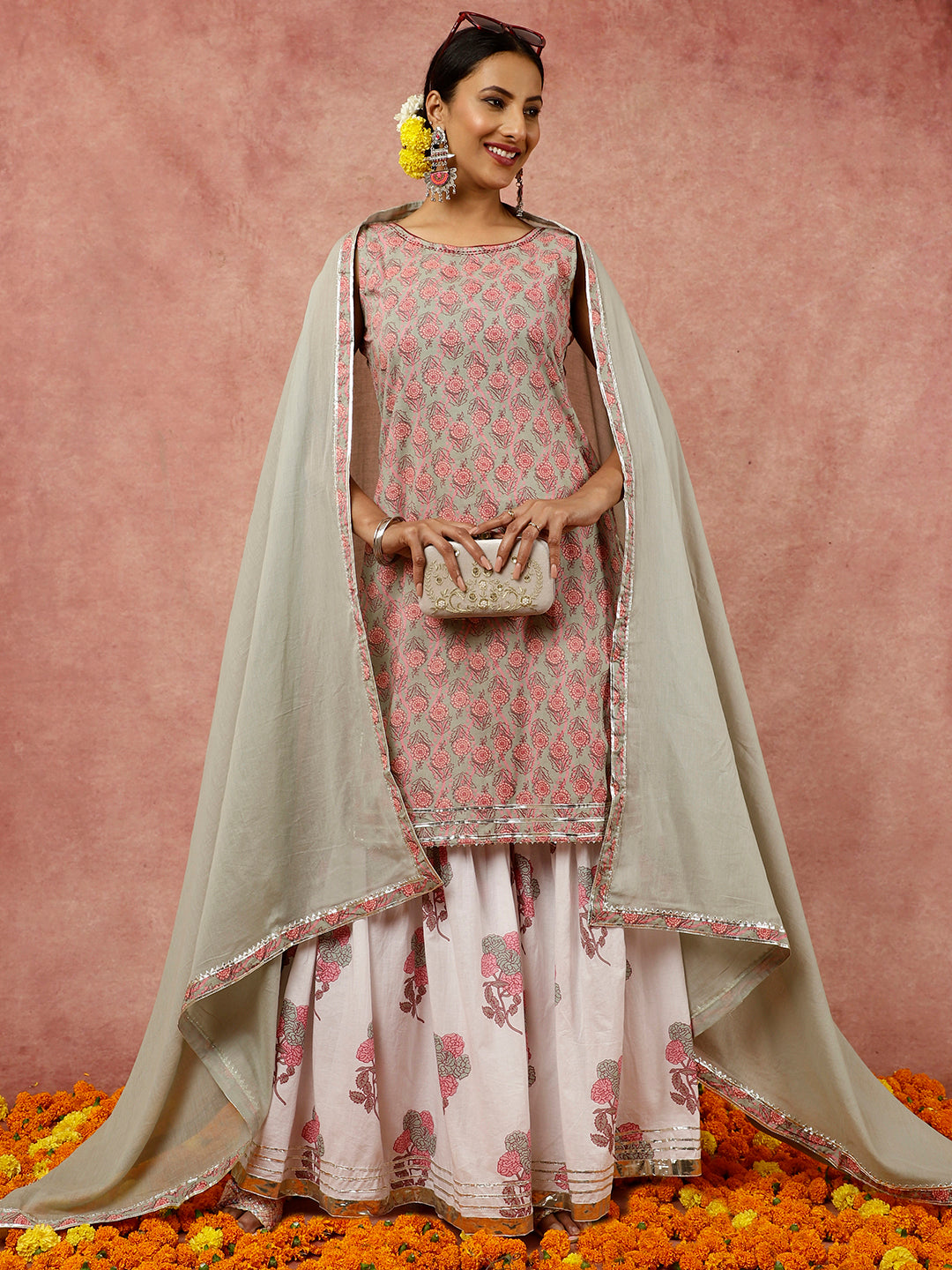 Sage Green Ethnic Floral Printed Straight Kurta With White Printed Sharara And Dupatta