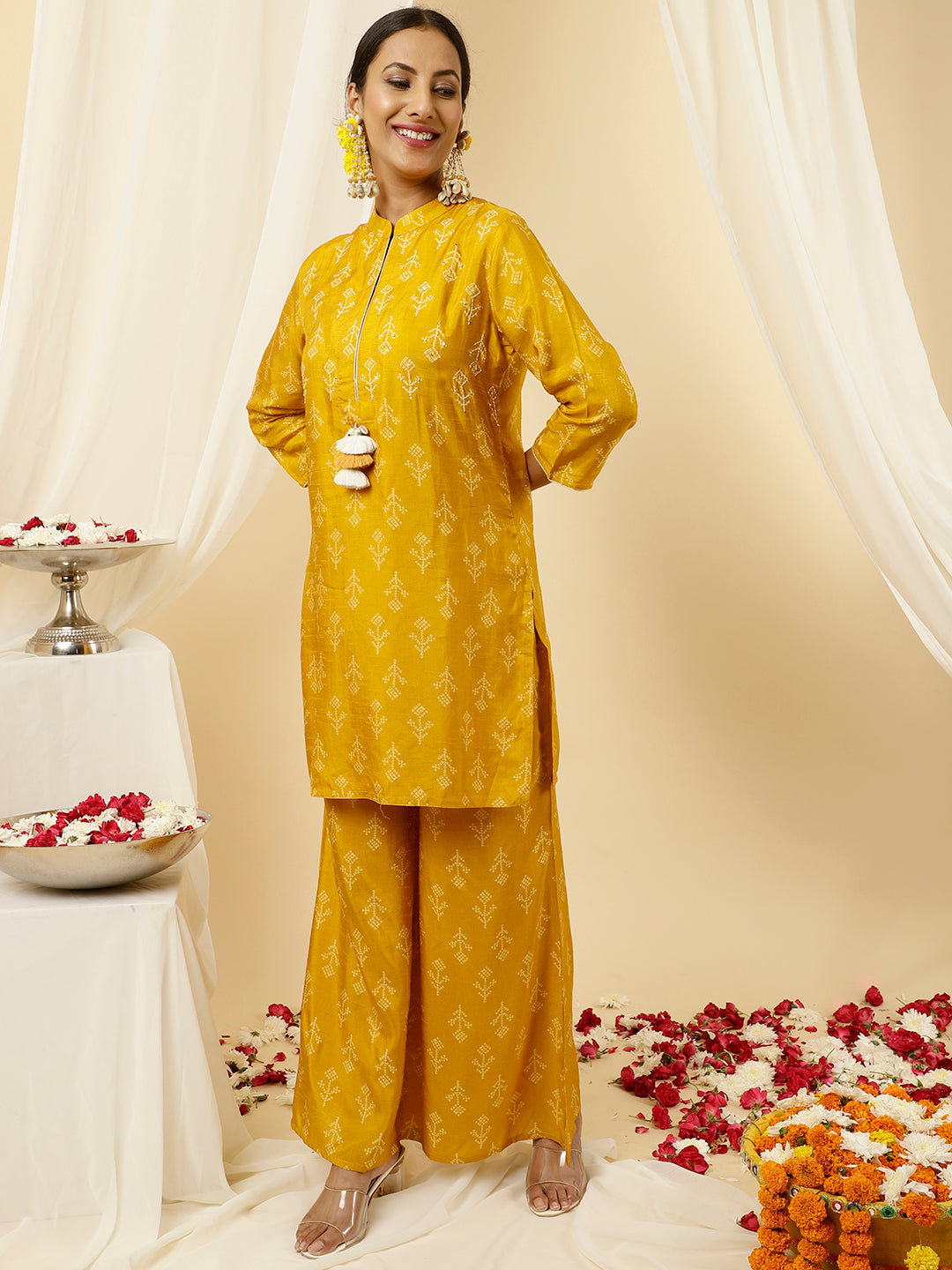 Bandhani Printed Dola Silk Mustard Co-ord Set