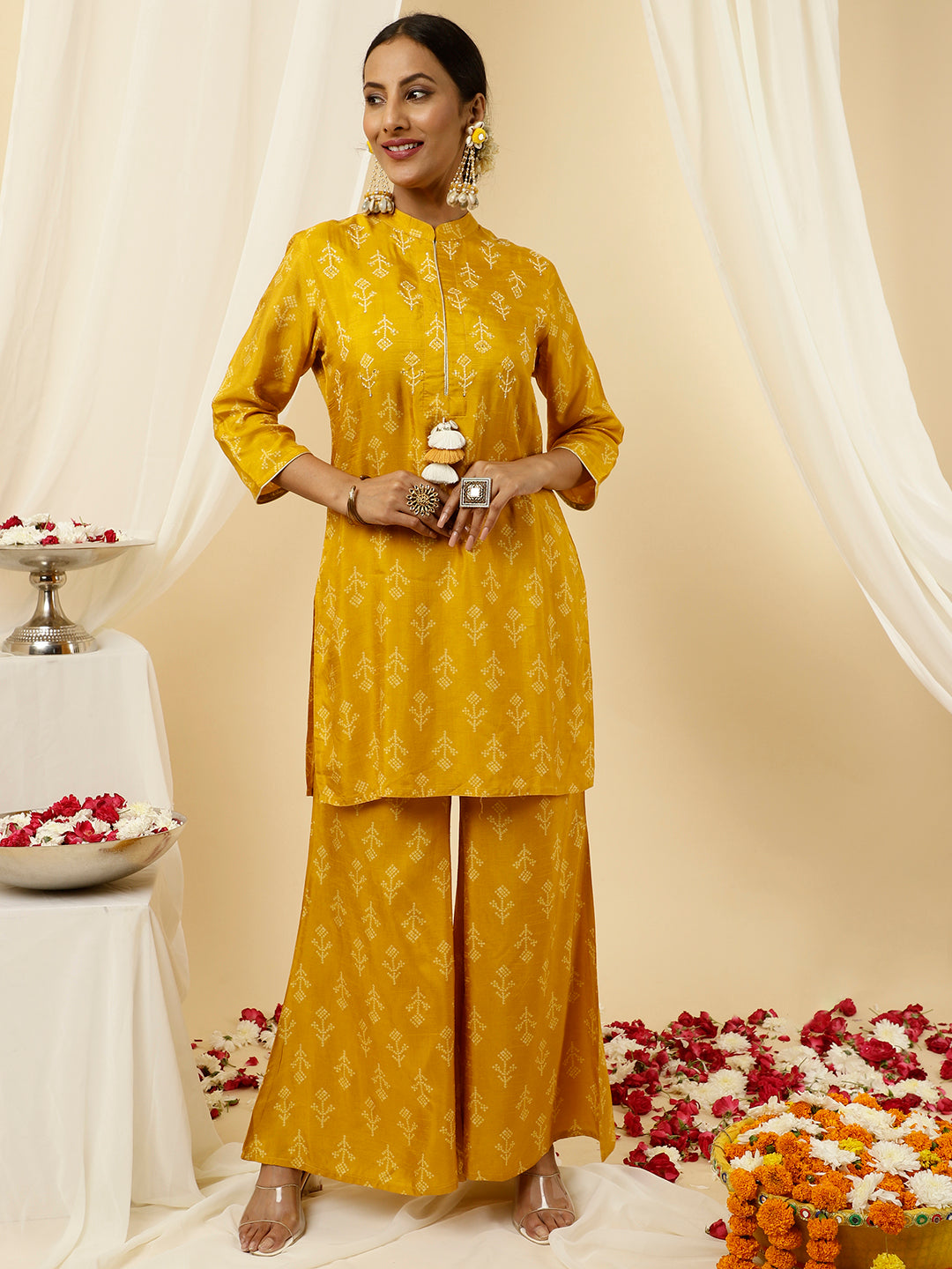 Bandhani Printed Dola Silk Mustard Co-ord Set