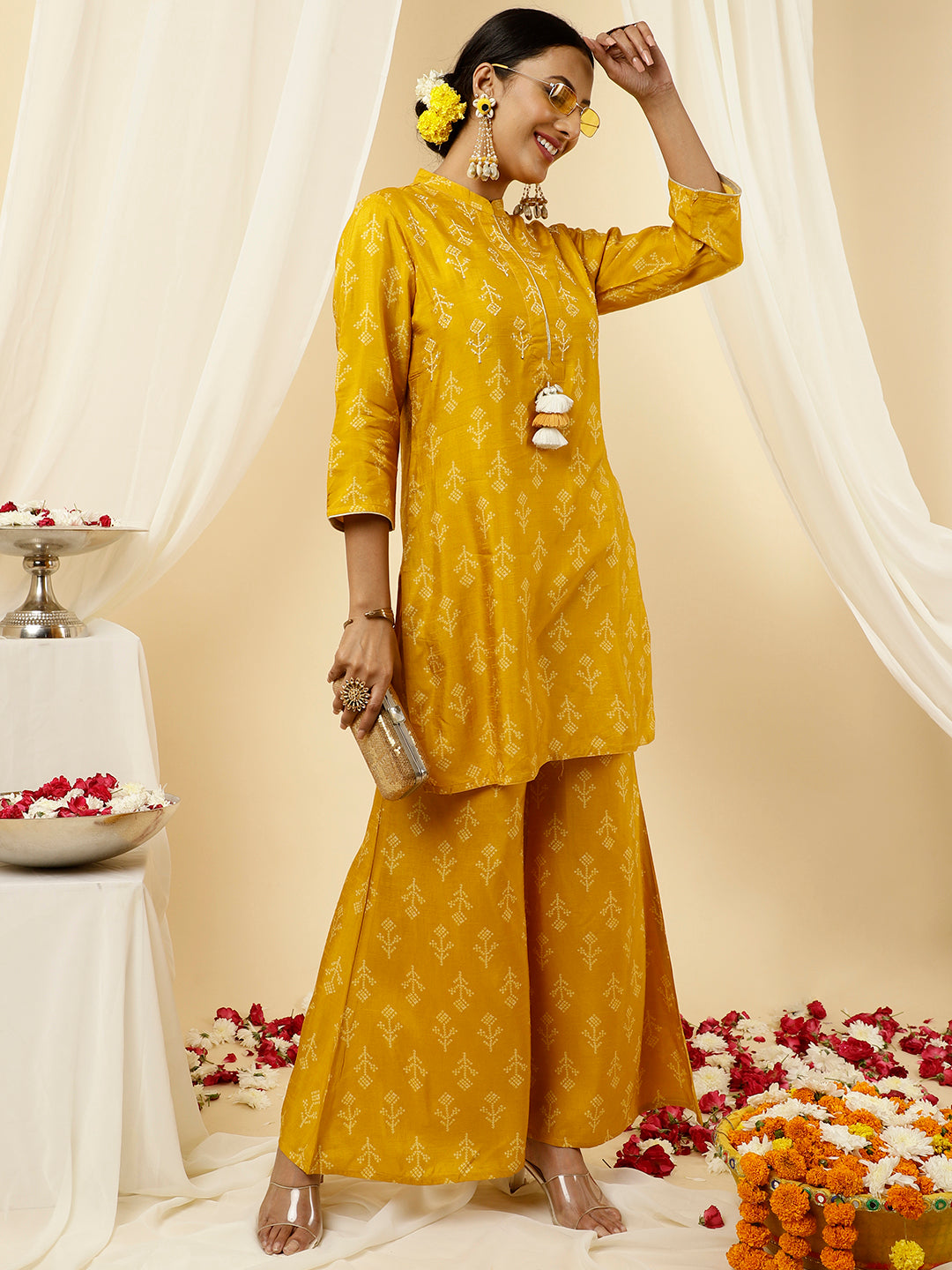 Bandhani Printed Dola Silk Mustard Co-ord Set