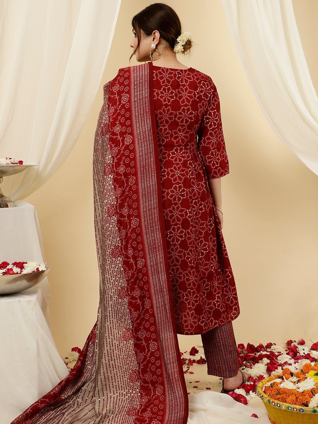 Red Bandhani Flared Print Kurta With Pants And Dupatta