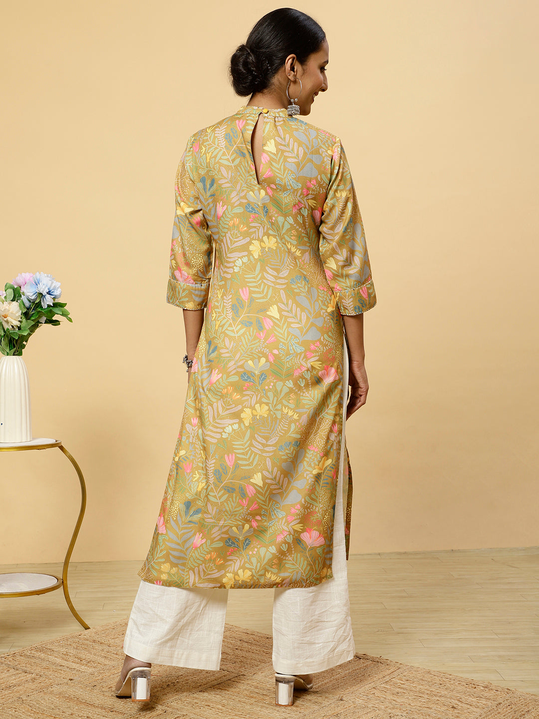 Floral Printed Mustard Straight Kurta
