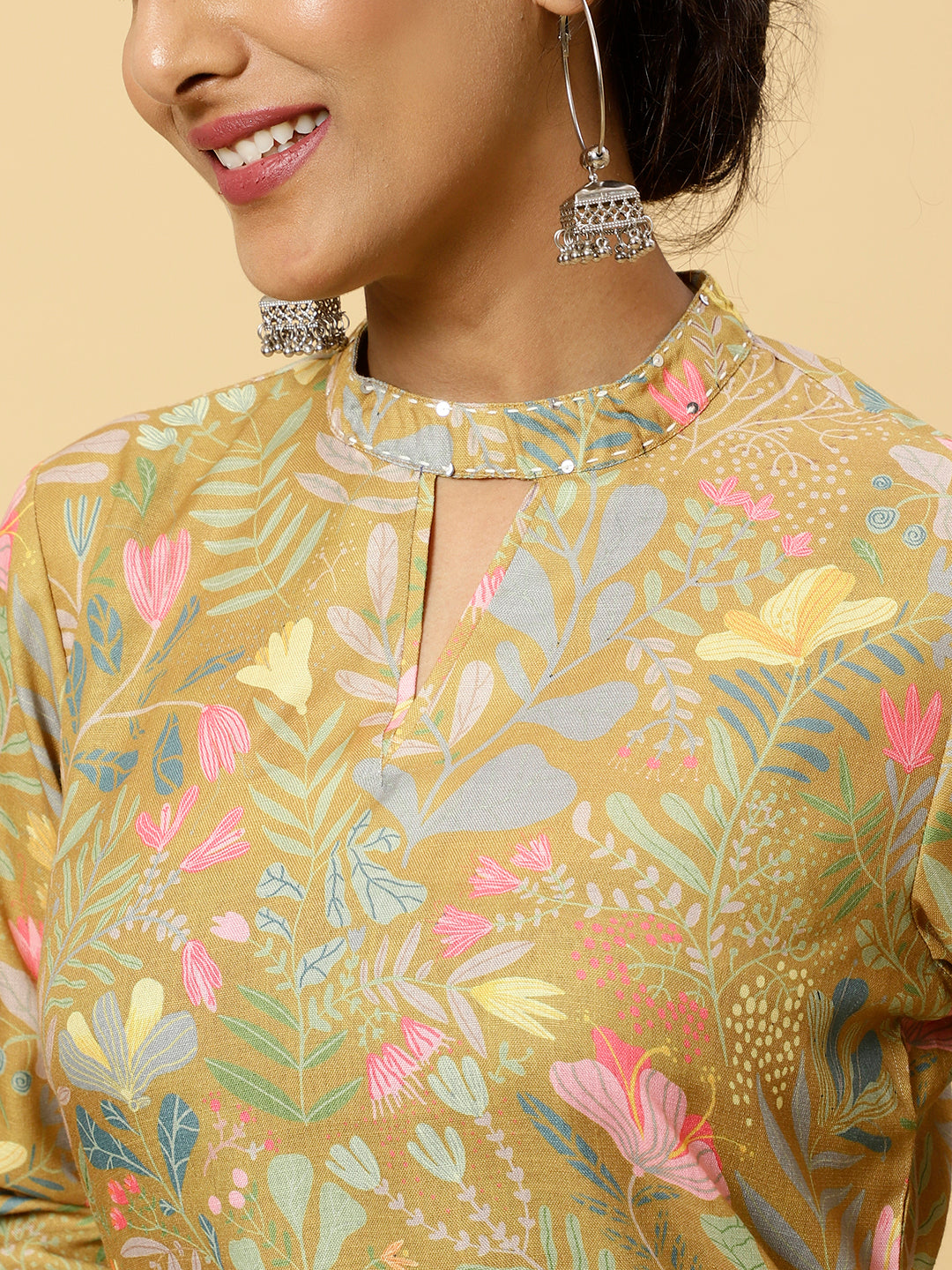 Floral Printed Mustard Straight Kurta