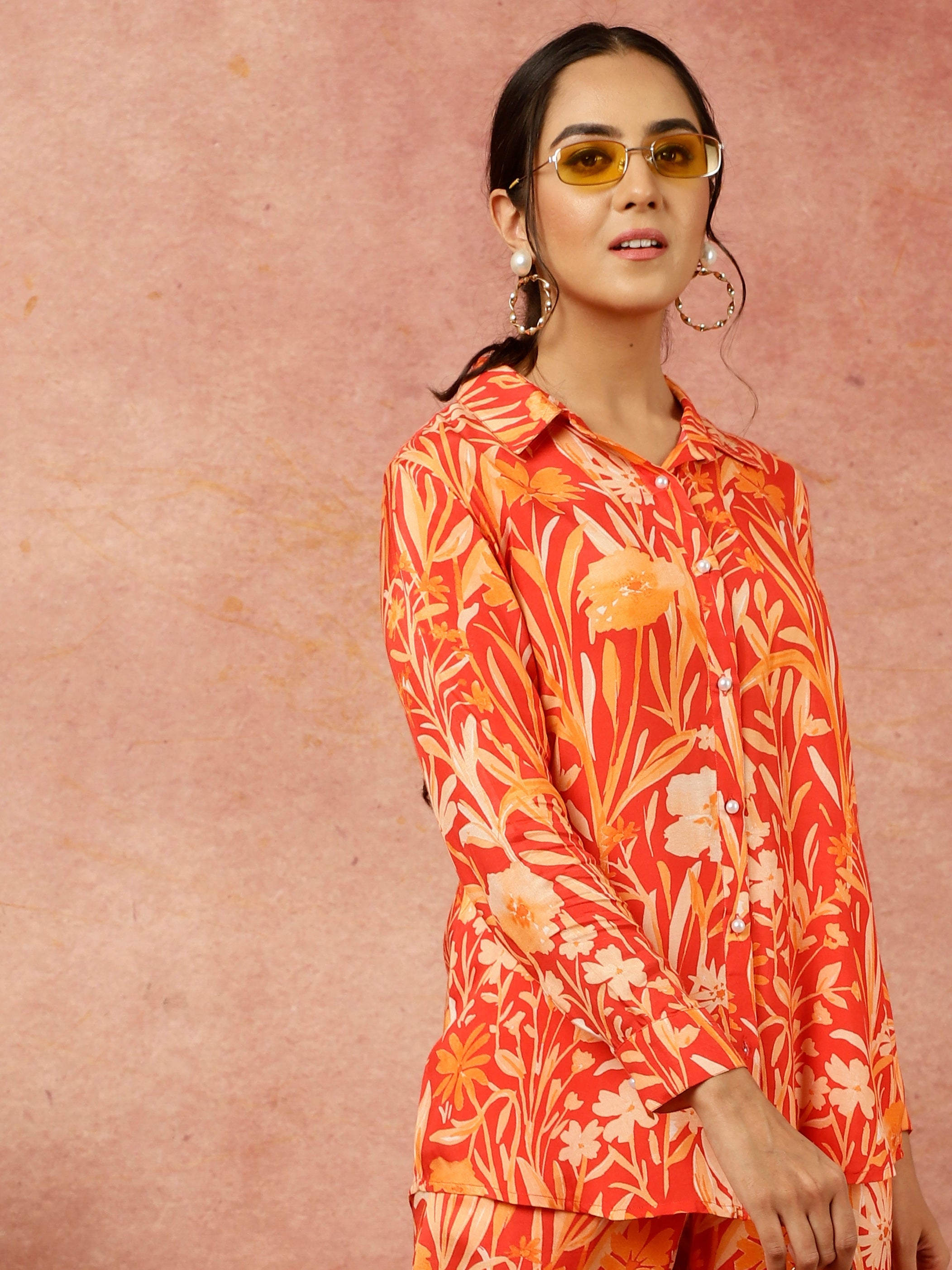 Red Tropical Floral Printed Shirt With Pants Co-ord Set