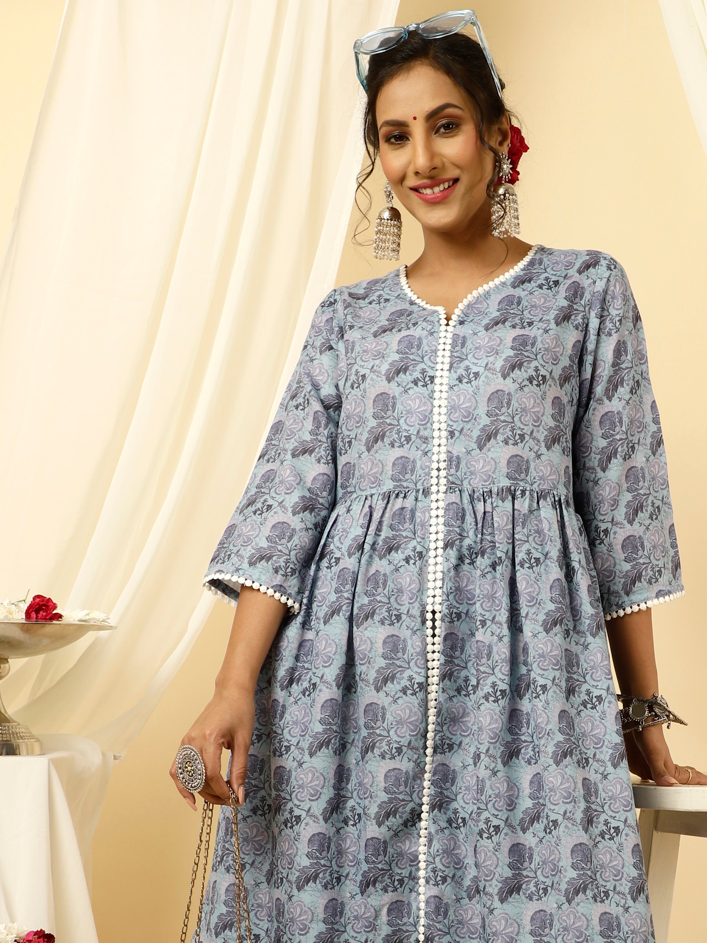 Blue Floral Print Flared Kurta With Sharara