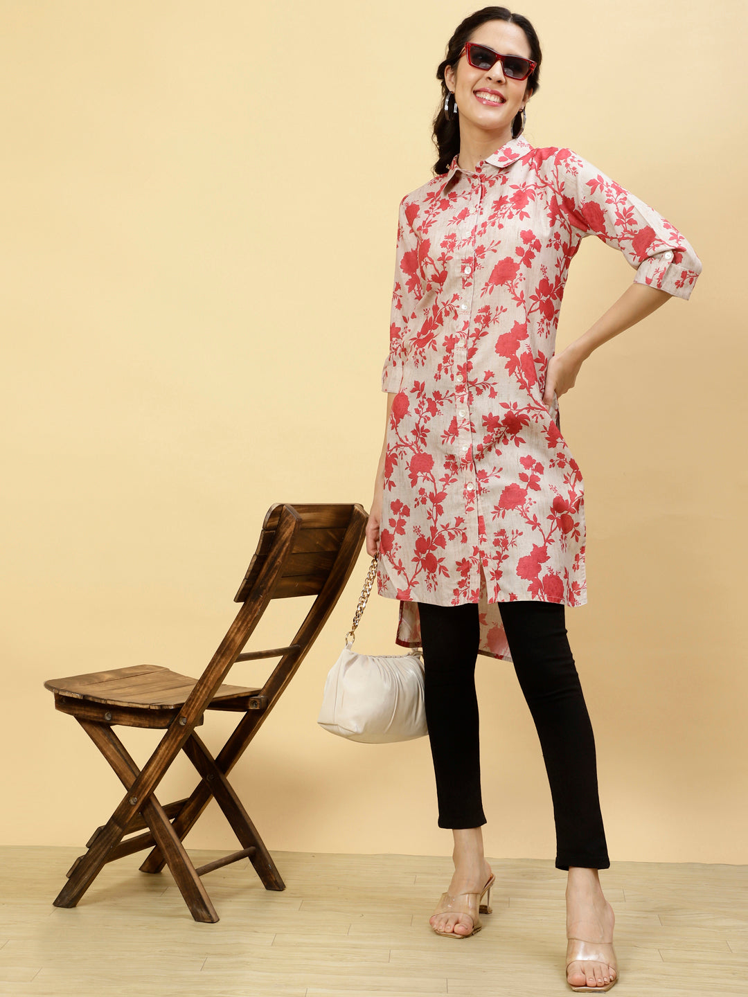 Floral Beige Collared Kurta