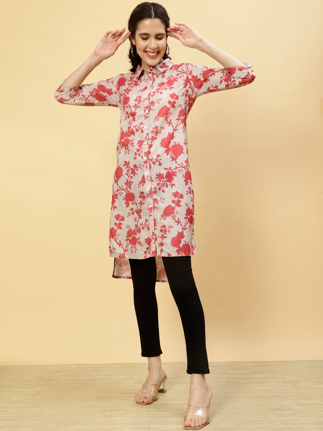 Floral Beige Collared Kurta
