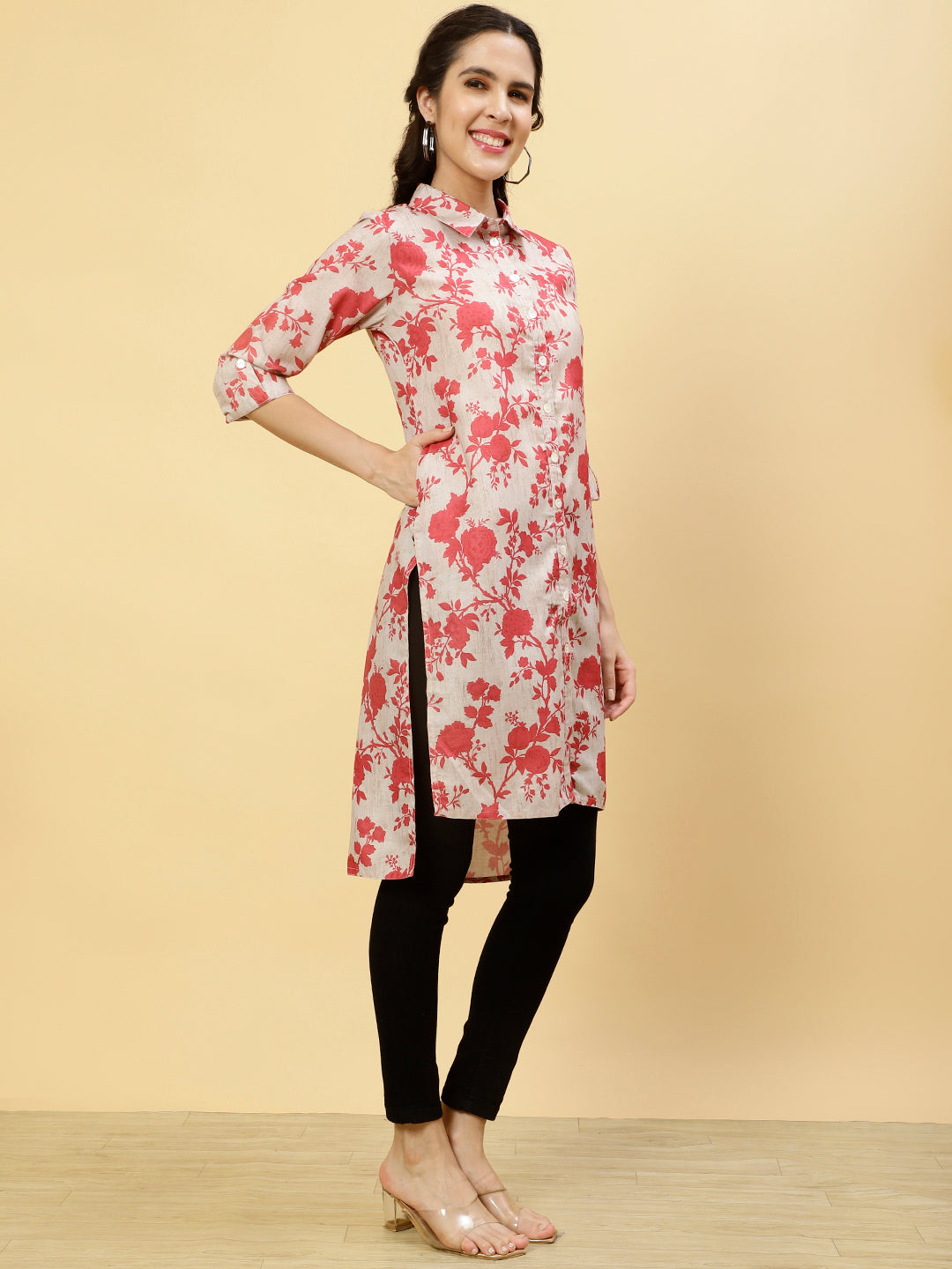 Floral Beige Collared Kurta
