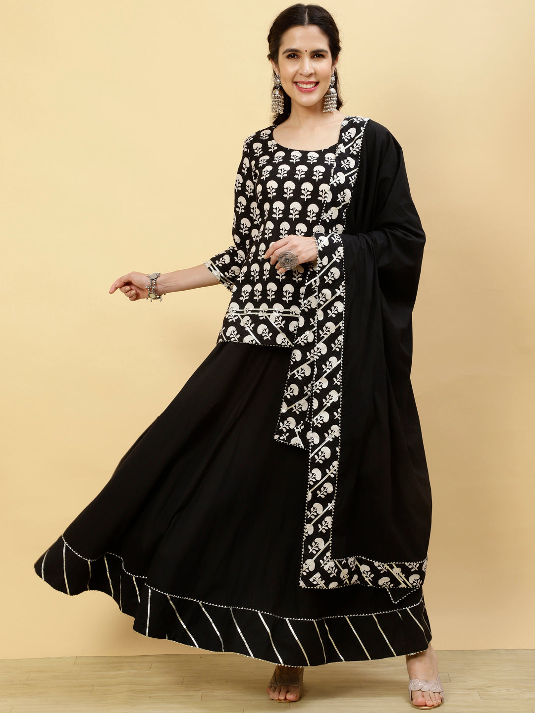 Shop Ethnic Printed Black Short Kurti With Skirt And Dupatta - Jaipur Kurti Shop Ethnic Printed Black Short Kurti With Skirt And Dupatta - Jaipur Kurti