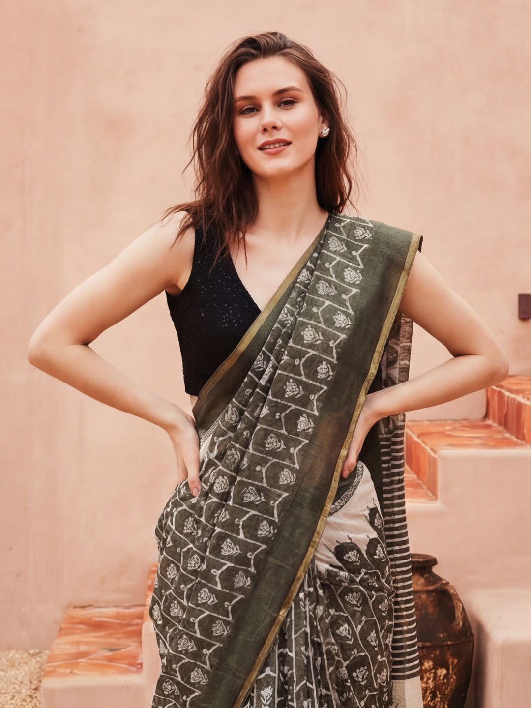 floral Chanderi Cotton Saree with Unstiched Blouse