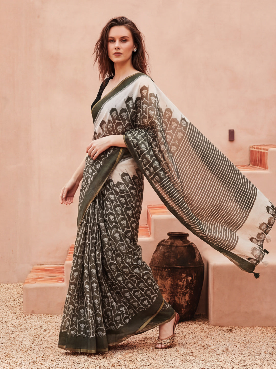 floral Chanderi Cotton Saree with Unstiched Blouse