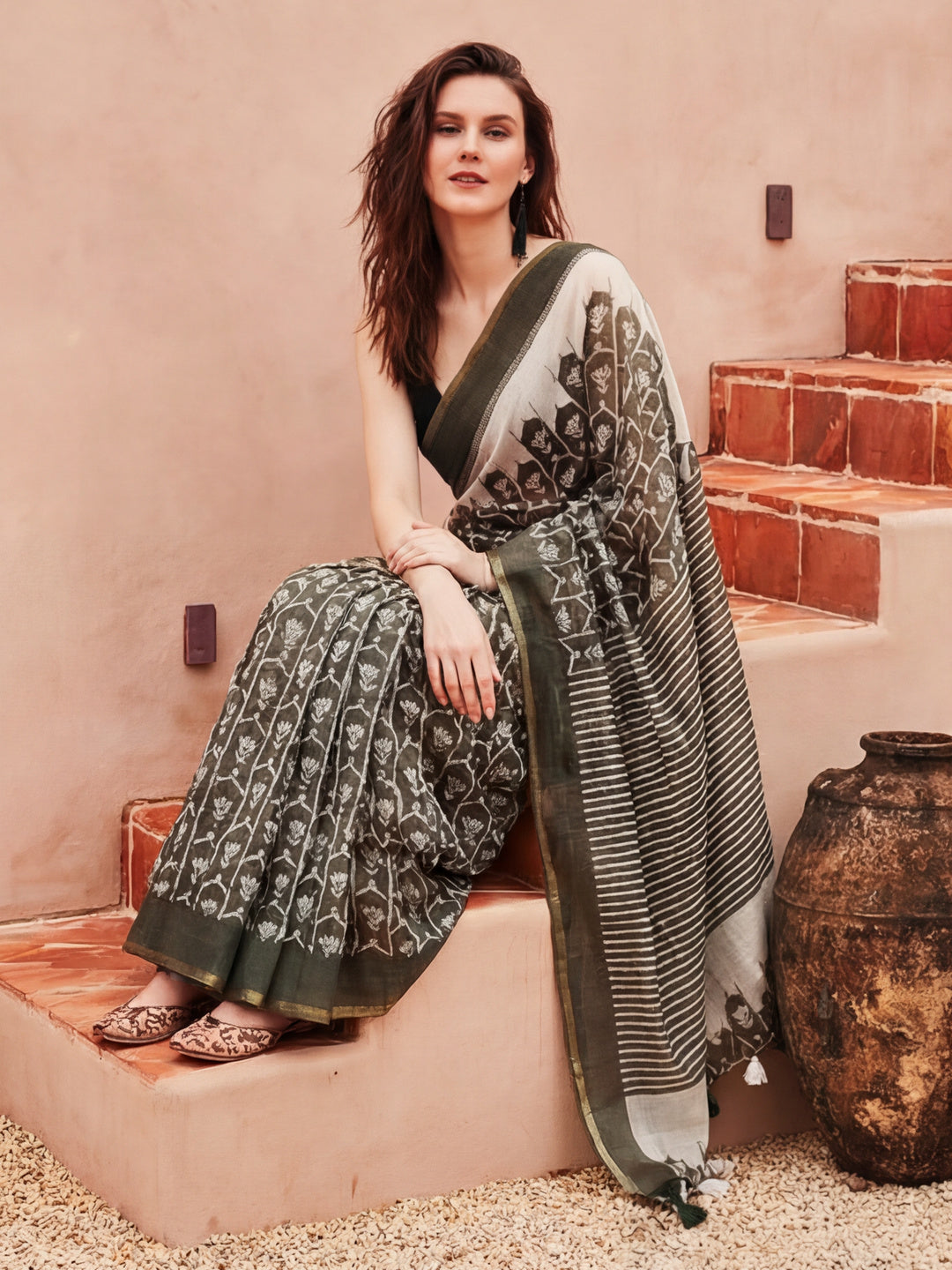 floral Chanderi Cotton Saree with Unstiched Blouse