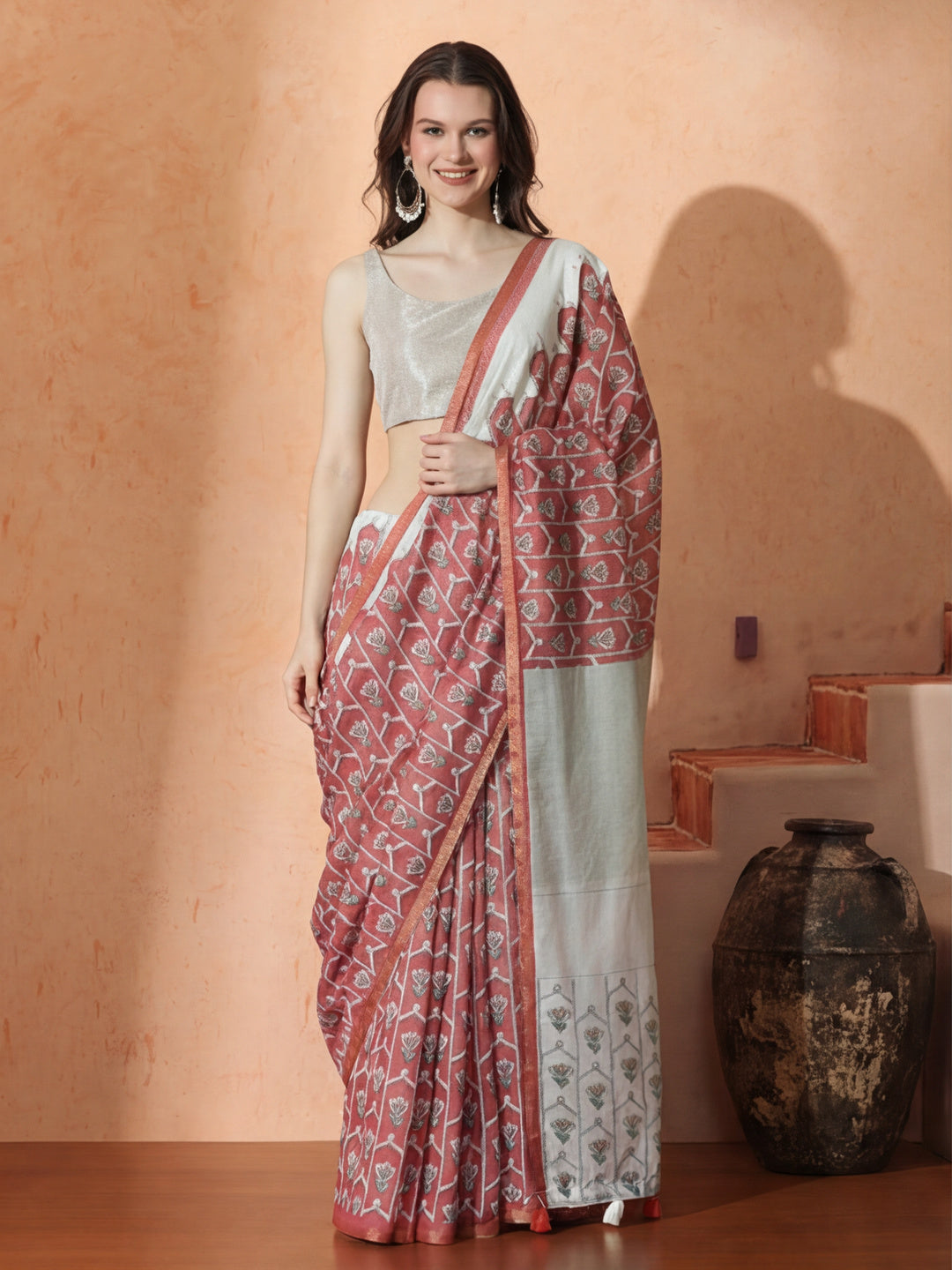 Floral Chanderi Cotton Saree with Unstiched Blouse