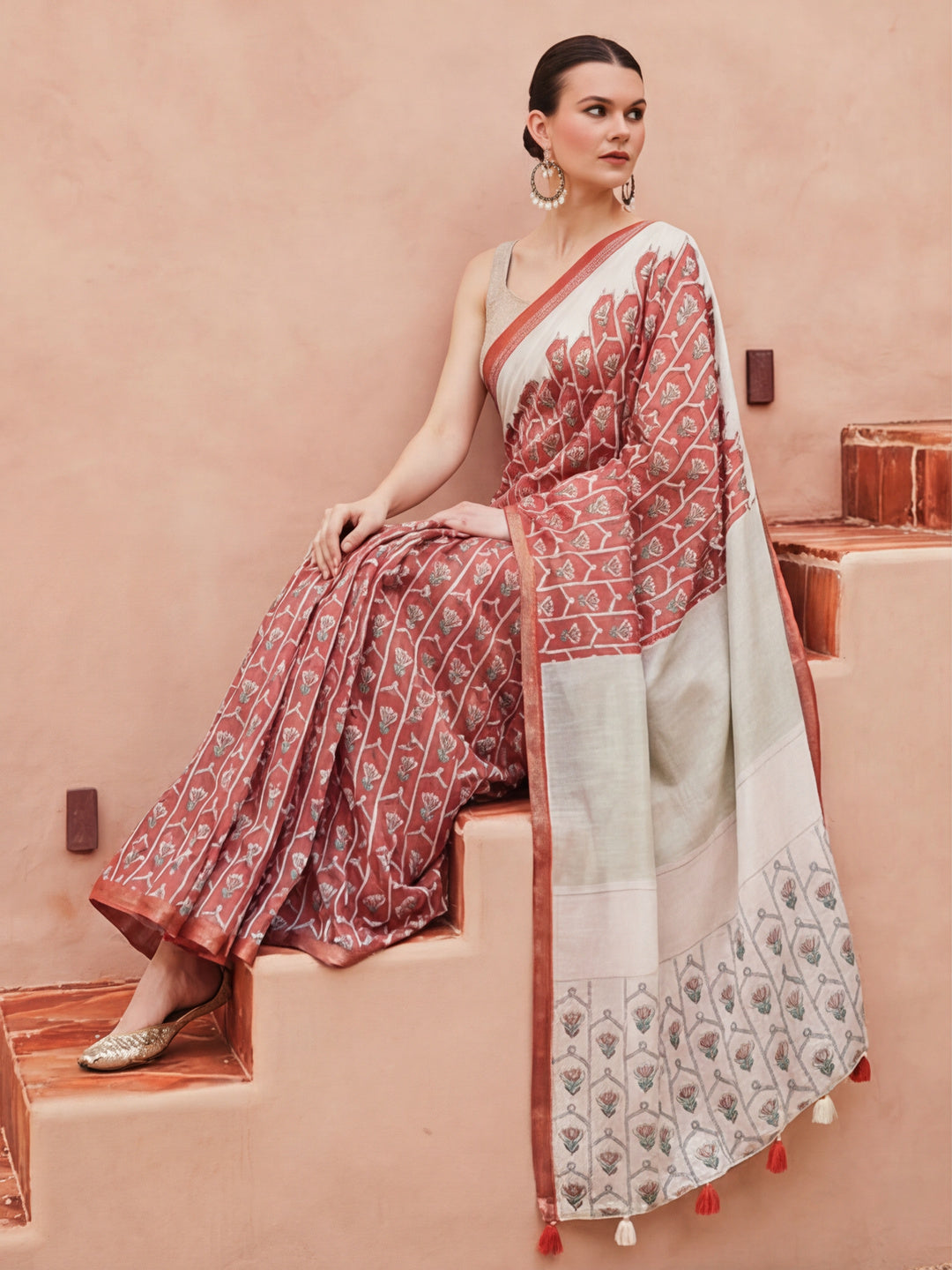 Floral Chanderi Cotton Saree with Unstiched Blouse