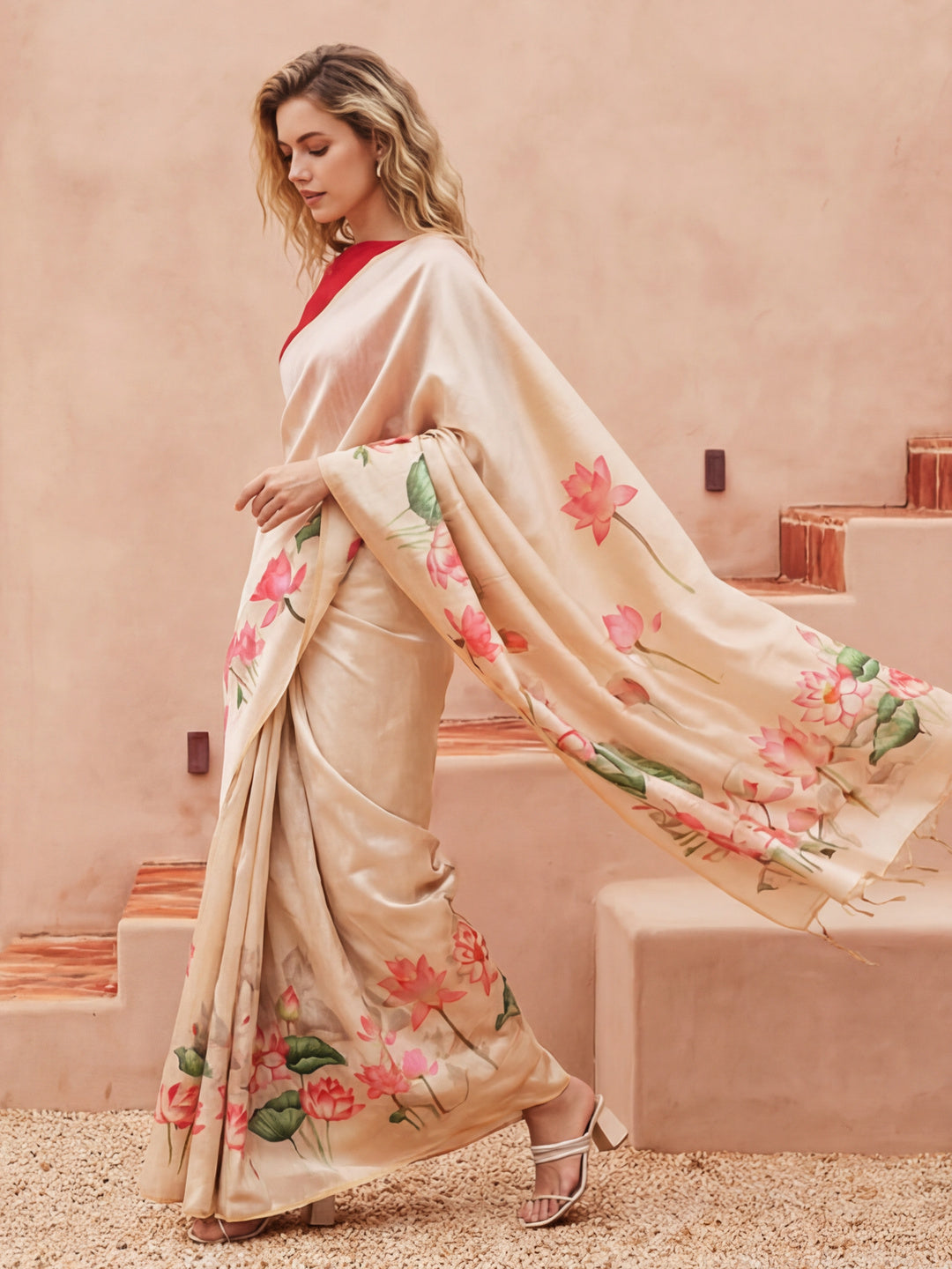 Floral Tussar Silk Saree with Unstiched Blouse
