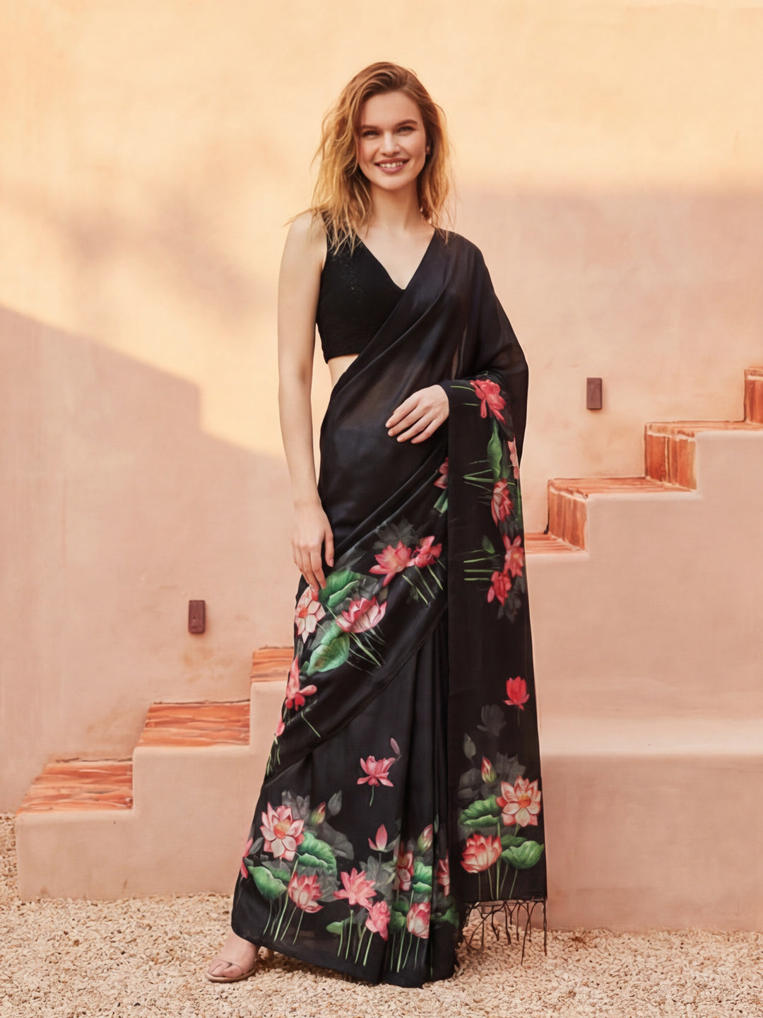 Floral Tussar Silk Saree with Unstiched Blouse