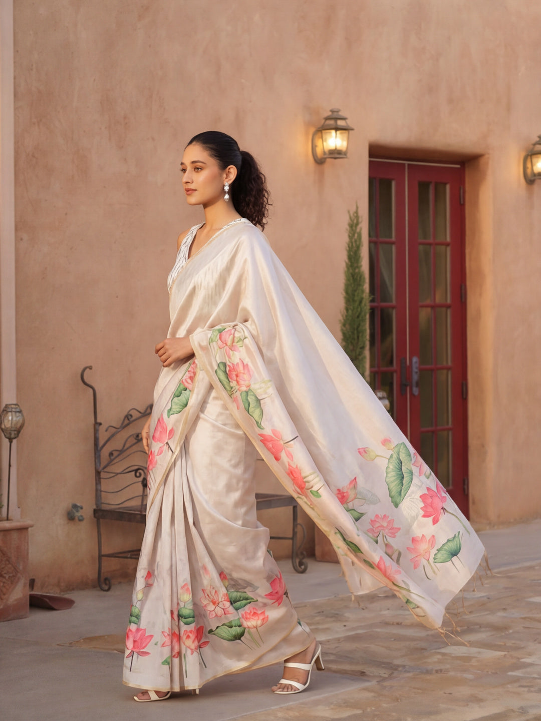 Floral Tussar Silk Saree with Unstiched Blouse