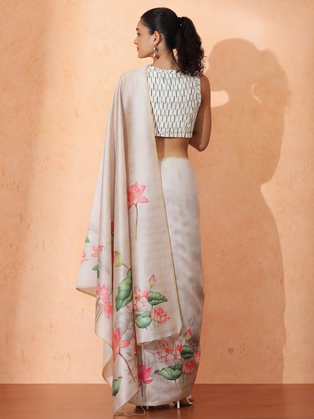Floral Tussar Silk Saree with Unstiched Blouse