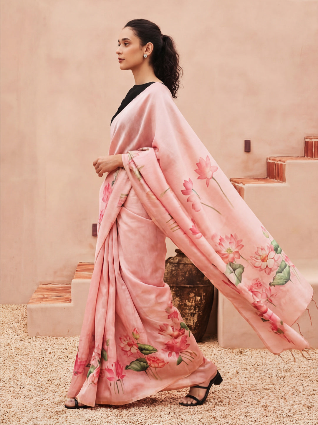 Floral Tussar Silk Saree with Unstiched Blouse
