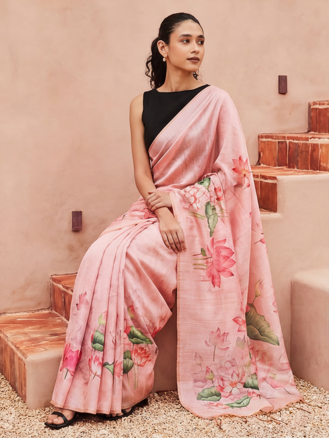 Floral Tussar Silk Saree with Unstiched Blouse