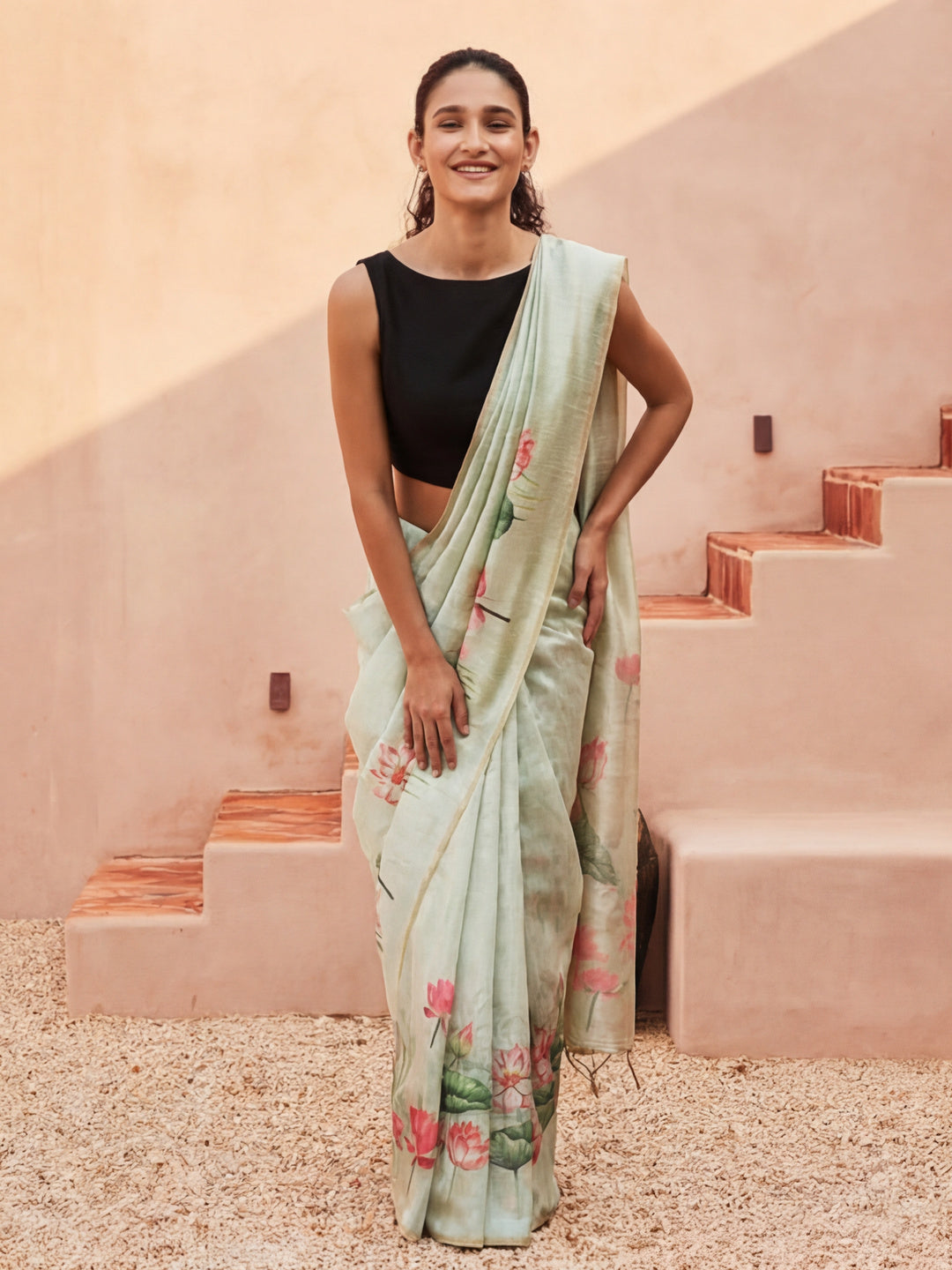 Floral Tussar Silk Saree with Unstiched Blouse