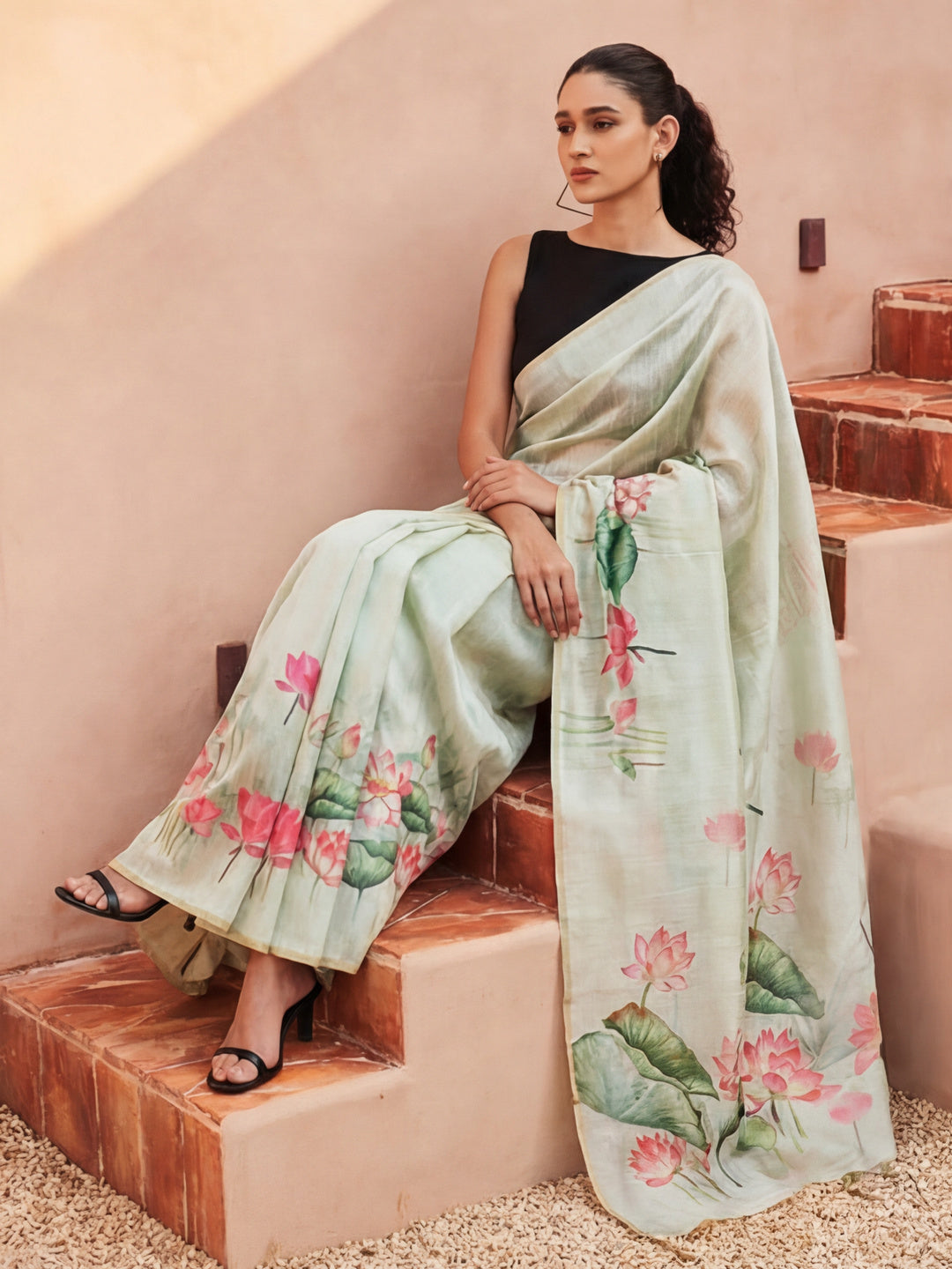 Floral Tussar Silk Saree with Unstiched Blouse