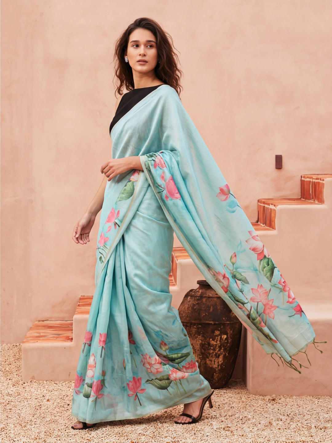 Floral Tussar Silk Saree with Unstiched Blouse
