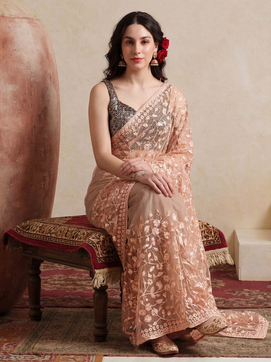 Party Wear Floral Embroidered Net Saree