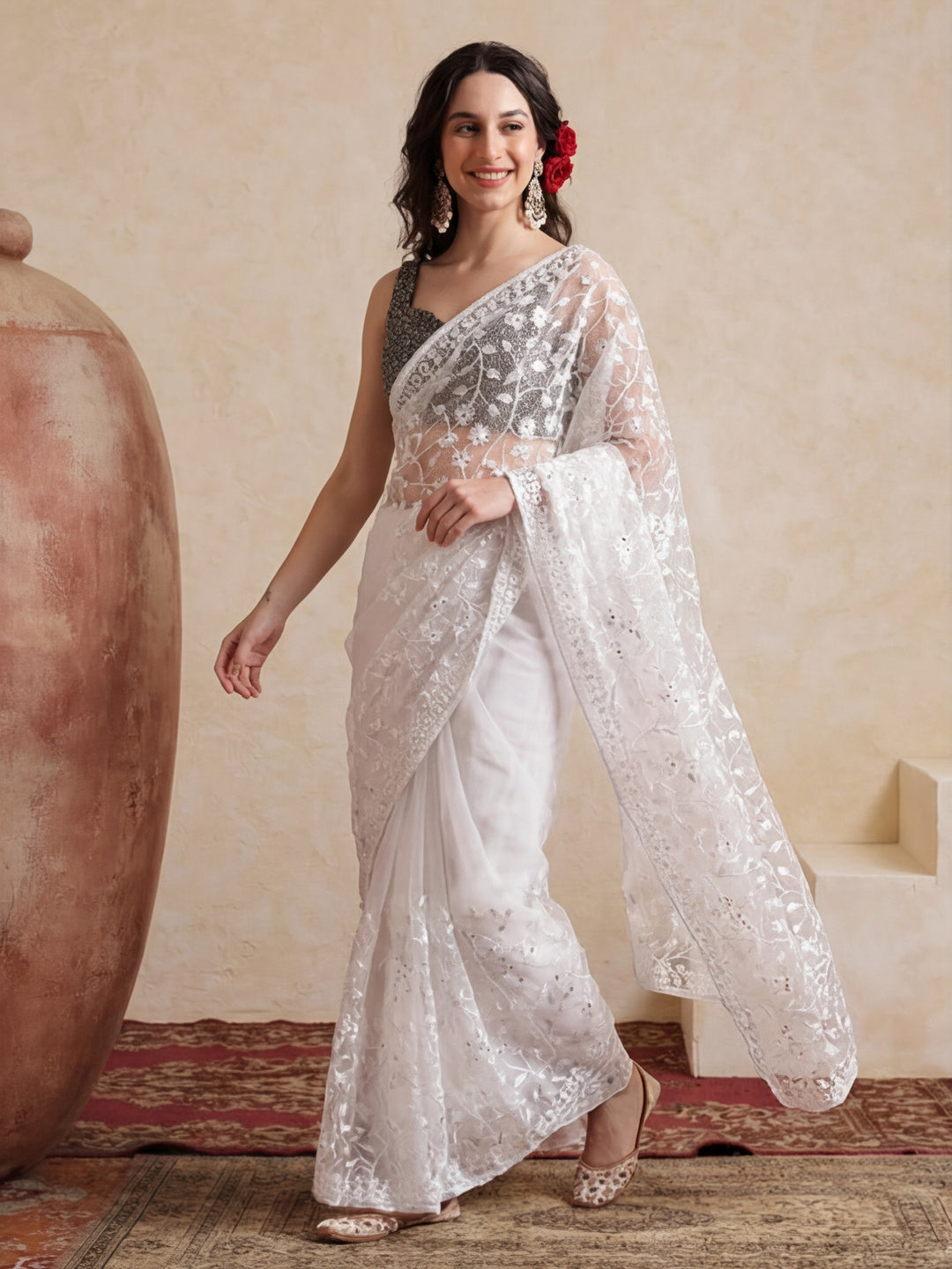Party Wear Floral Embroidered Net Saree