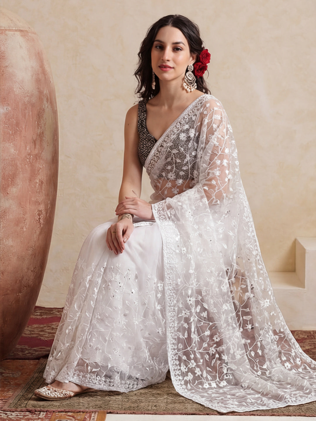 Party Wear Floral Embroidered Net Saree
